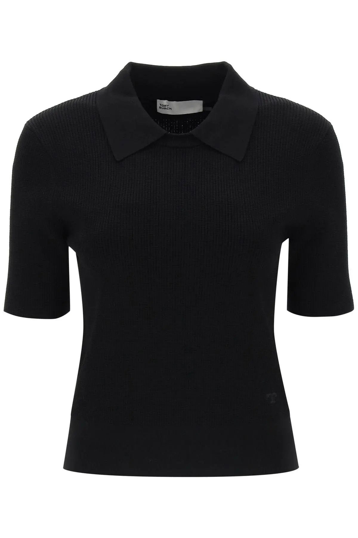 Image of Tory Burch O1S22I1N1223 Burch Knitted Polo Shirt In Black, Women's (Size Small)