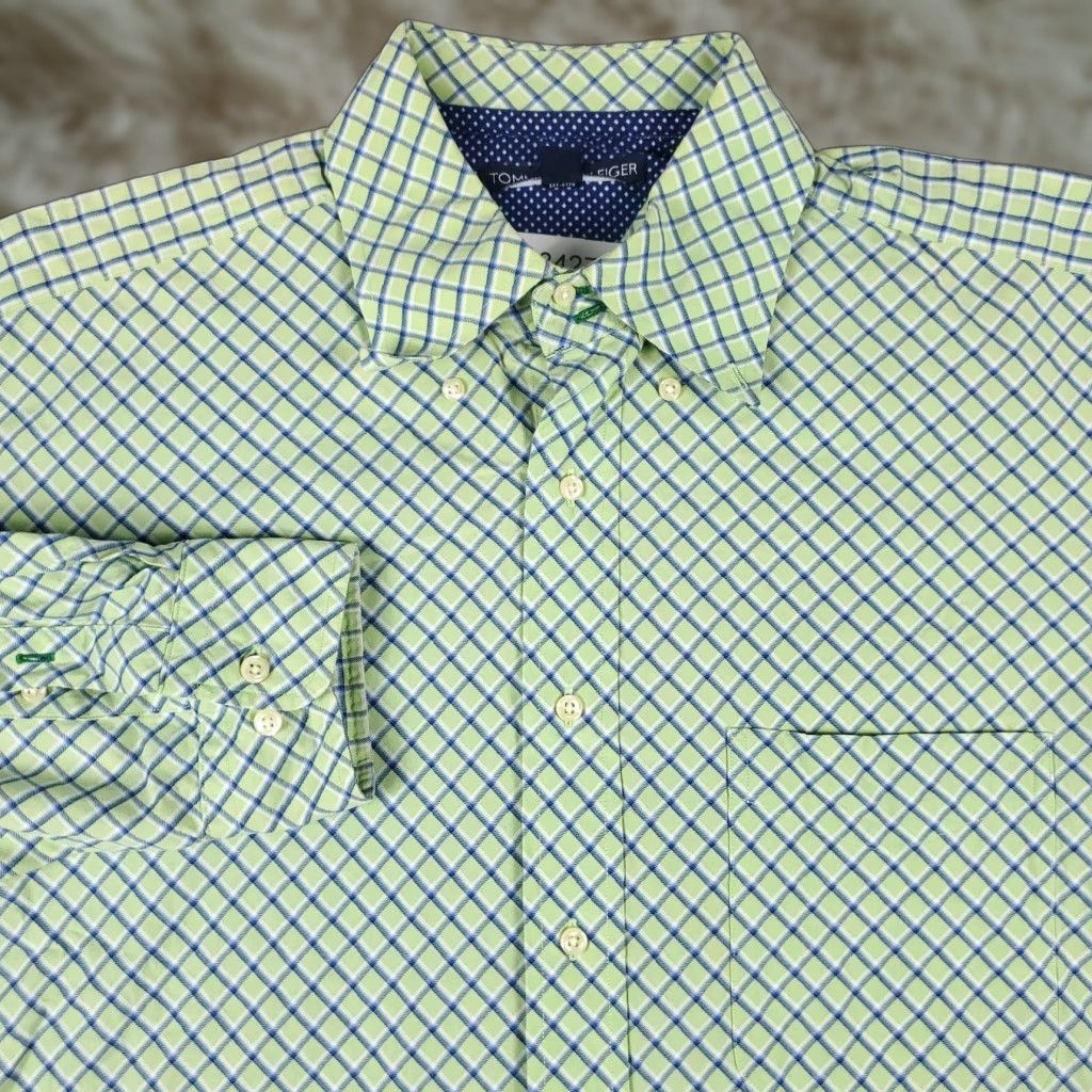 Tommy Hilfiger Tommy Hilfiger Dress Shirt Mens 16.5 Green Check Button Up Long Sleeve Casual Business 100% Cotton Men's Shirt Size 42R - 1 Thumbnail