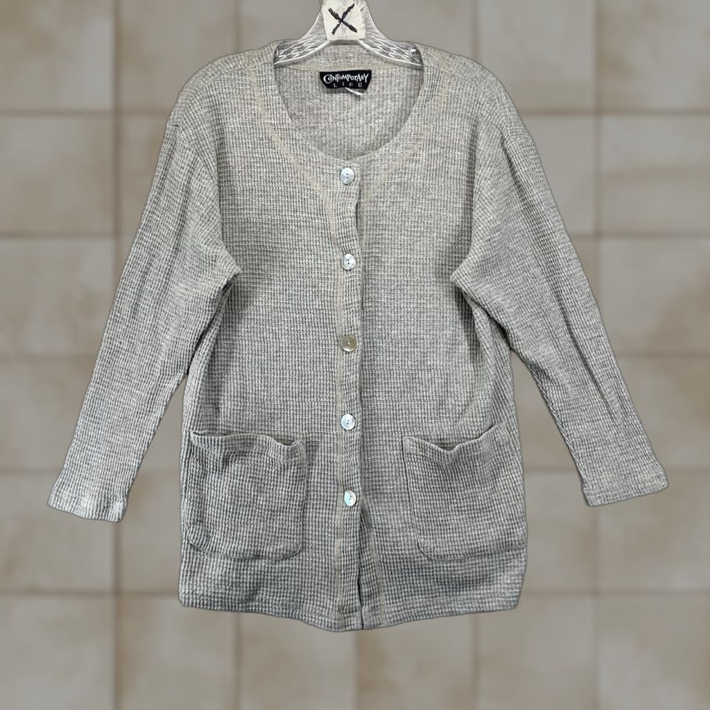FLAX VINTAGE Contemporary Life Button-Up Top Casual Women Regular M Beige Knit Pockets 80s 90s Nature Subtle Textured Pearl Buttons Long Sleeve Round Neck Size M / US 6-8 / IT 42-44 - 1 Thumbnail