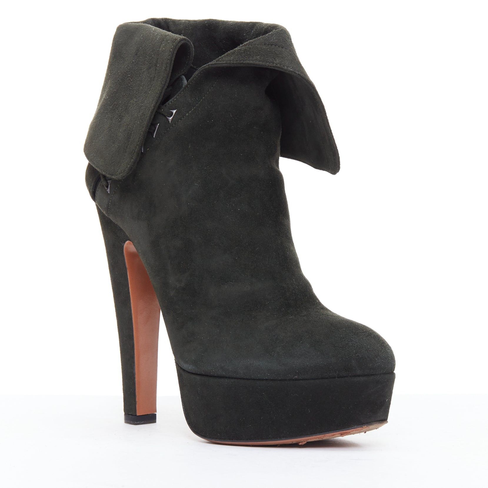 Alaia ALAIA dark green suede foldover lace up side cone heel booties EU38 Size US 8 / IT 38 - 1 Thumbnail