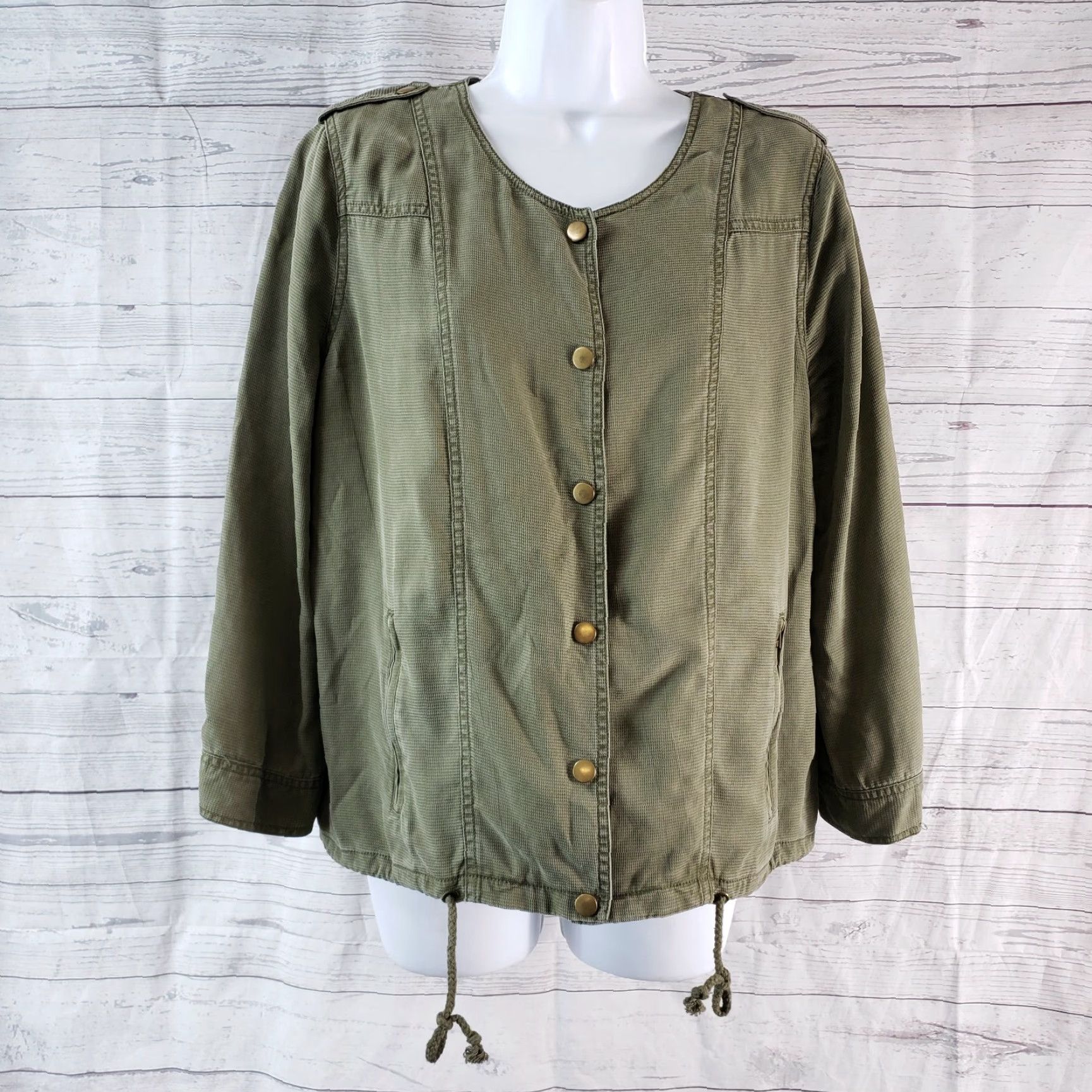 Market Market & Spruce Womens Jacket L Solid Green Snap Buttons Rayon Jacket Womens Large Green Snap Buttons Casual Basic Jacket Size L / US 10 / IT 46 - 2 Thumbnail