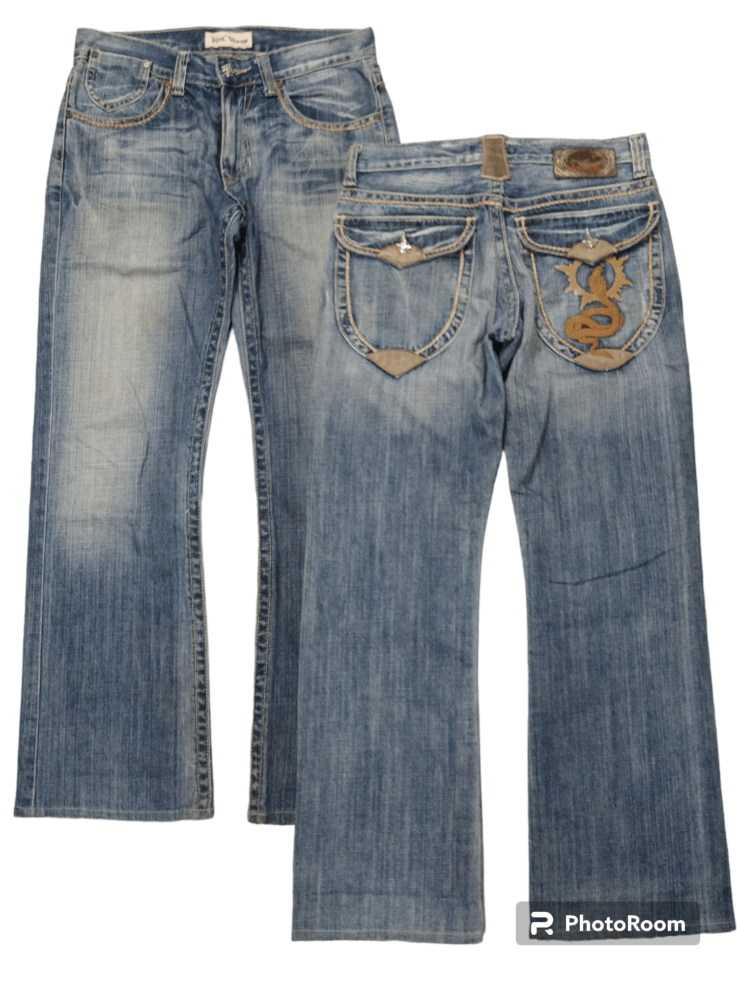 image of Hype Sick Flare Pure Venom Embroided Denim Pants in Blue Distressed, Men's (Size 31)