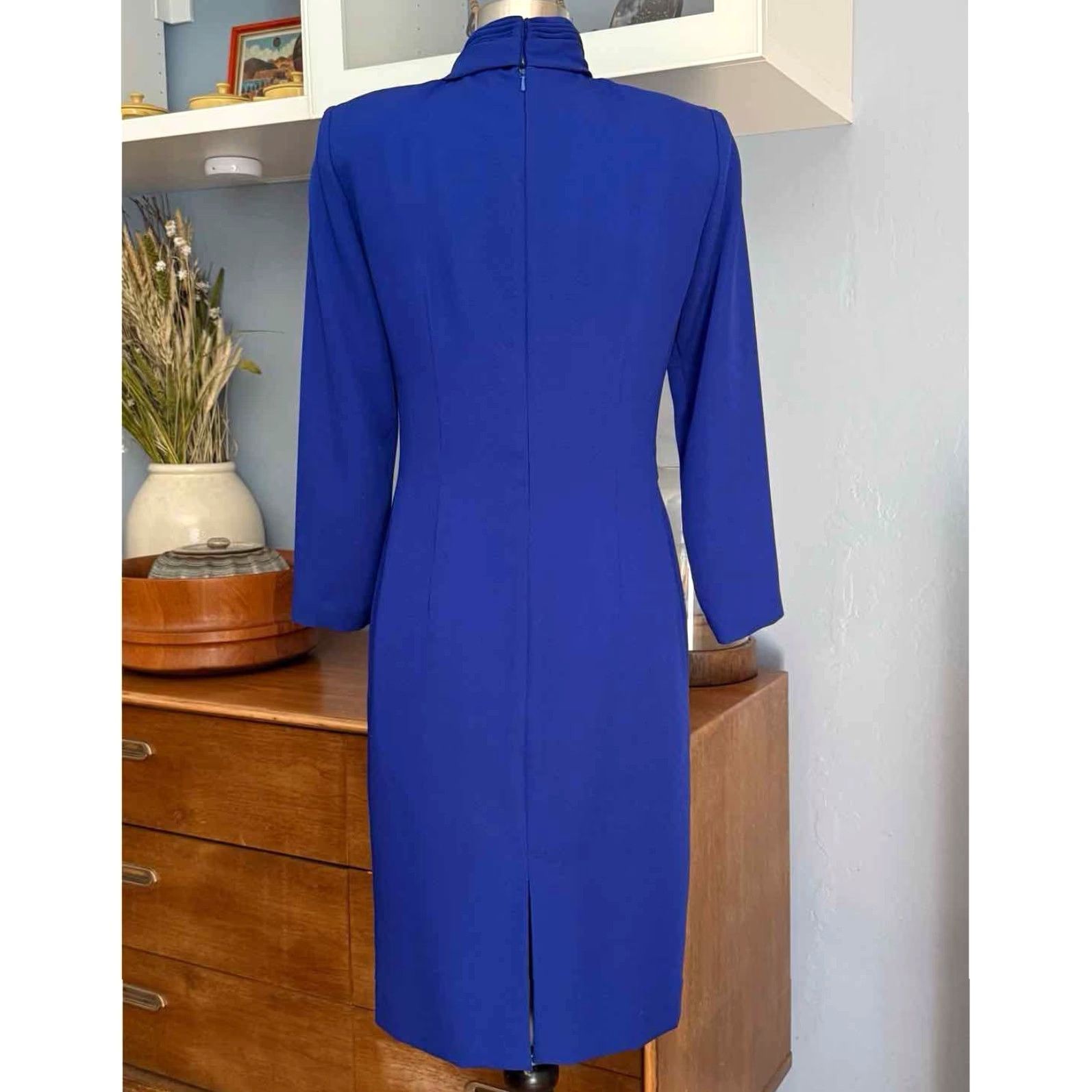 Vintage VINTAGE David Warren Drape Sheath Dress Blue 80s 90s 4P Petite Women Long Sleeve V-Neck Zip Size S / US 4 / IT 40 - 4 Thumbnail
