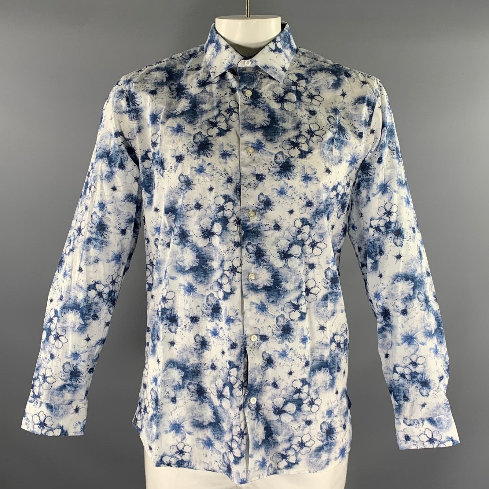 Ted Baker TED BAKER L Blue White Floral Cotton Button Up Long Sleeve Size US L / EU 52-54 / 3 - 1 Thumbnail
