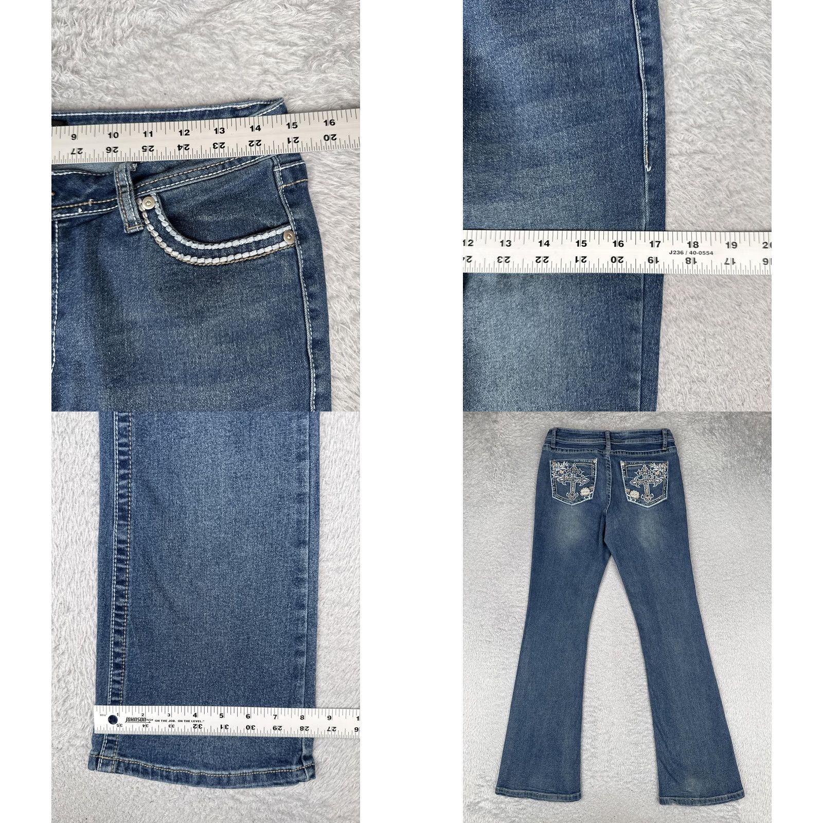Vintage HARPER&IVY Jeans Bootcut Juniors 9 Blue Wash Mid Rise Stretch Rhinestone 29x31 Womens Pants Size 30" / US 8 / IT 44 - 9 Thumbnail