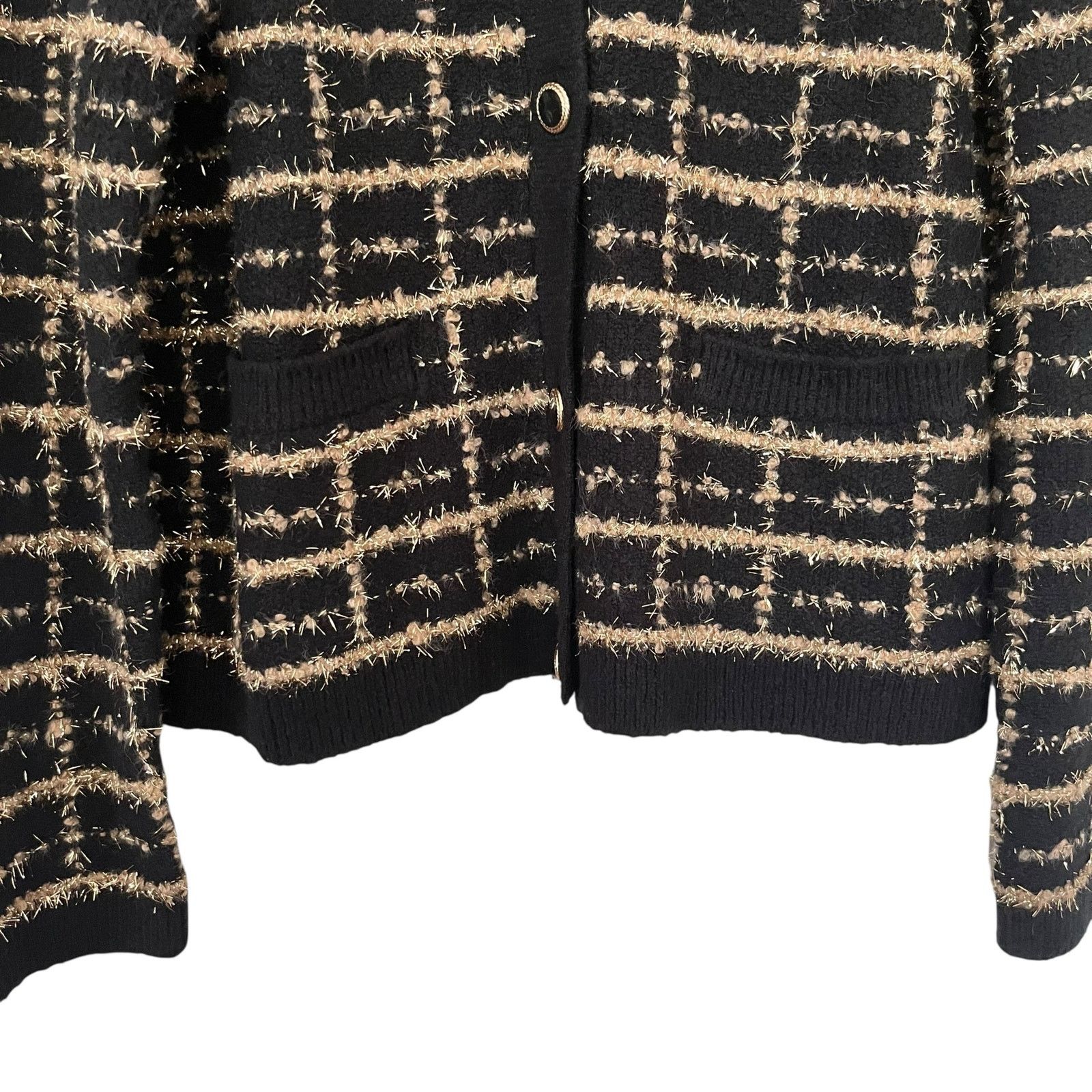 Other Talbots Bouclé Plaid Cardigan Black & Gold Sweater Jacket Size L / US 10 / IT 46 - 4 Thumbnail