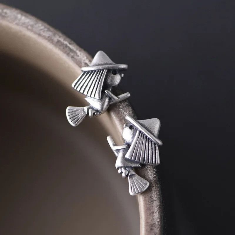 Jewelry Flying Witch Stud Earrings 925 Sterling Silver Ear Gift Size ONE SIZE - 1 Thumbnail