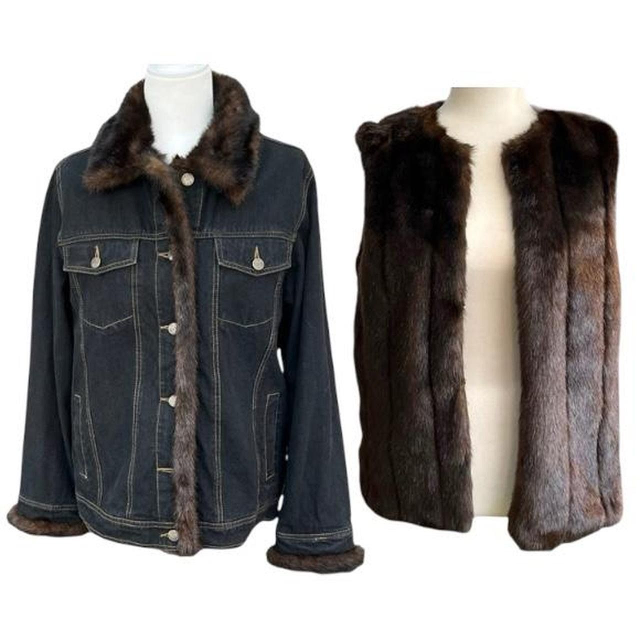 Vintage Dennis Basso 2pc Denim Jacket Brown Faux Fur Removable Vest Size S / US 4 / IT 40 - 1 Thumbnail