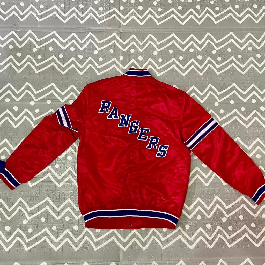 image of Nhl x Vintage Starter Ny Rangers Varsity Letterman Bomber Jacket in Red, Men's (Size Large)