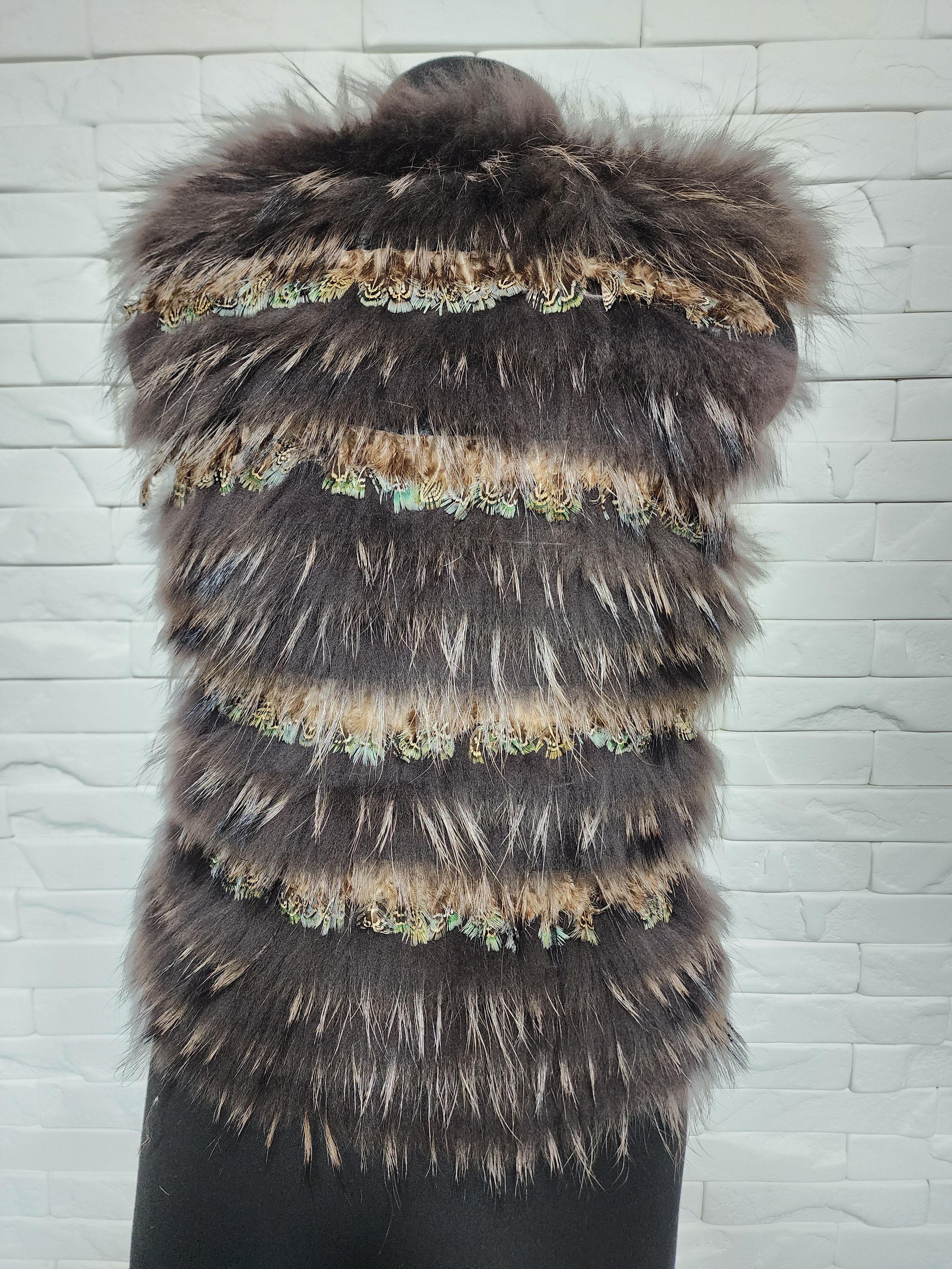 Designer Women's vest made of genuine fluffy fur and feathers. Size M / US 6-8 / IT 42-44 - 3 Thumbnail