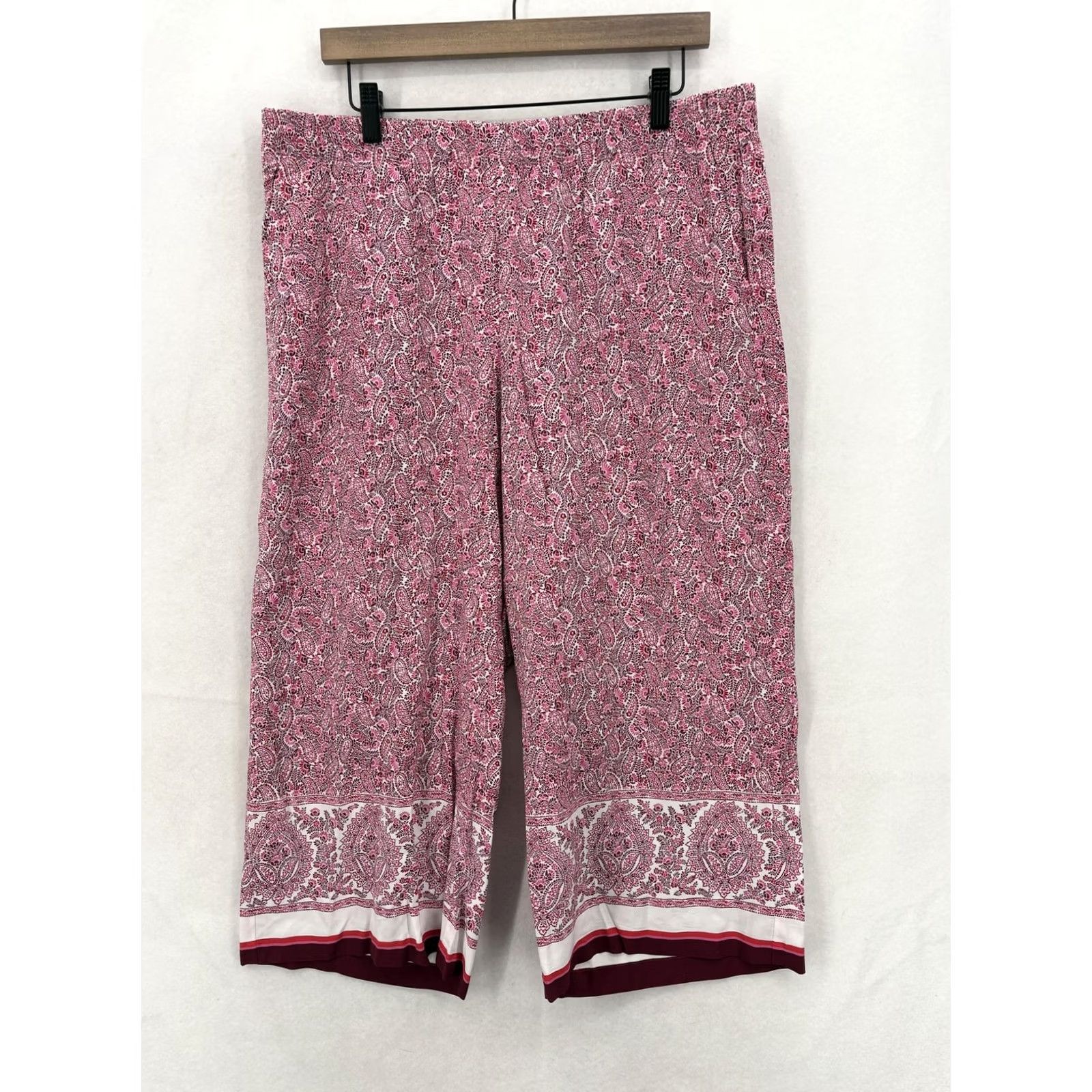 J. Jill J Jill Paisley Wide Leg Capri Pants Womens LP Pink Rayon Elastic Waist Preppy Size 36" / US 14 / IT 50 - 2 Thumbnail