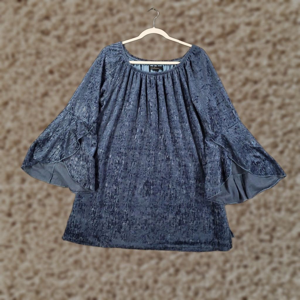 Vintage Calessa Sweater Womens Large Blue Velvet Bell Sleeve Top Boho Long Sleeve Scoop Neck Pullover Casual Party/Cocktail Size L / US 10 / IT 46 - 1 Thumbnail