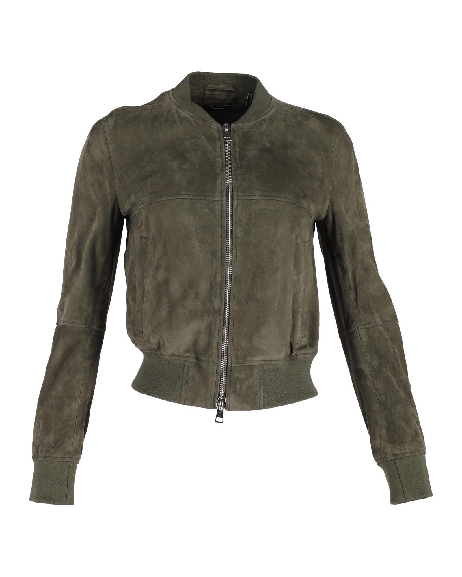 image of Olive Green Suede Bomber Jacket By Theory in Green/Olive, Women's (Size Medium)