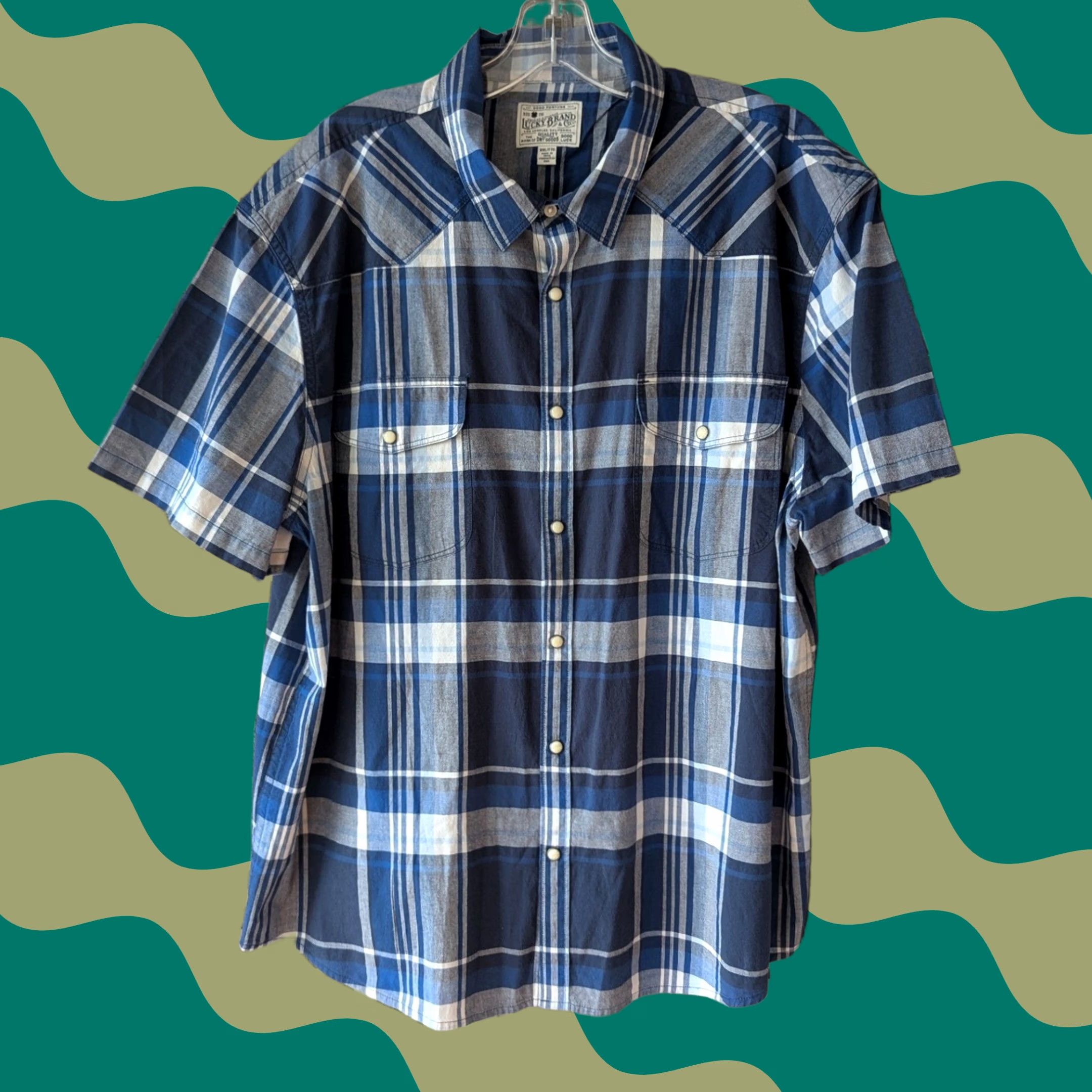 Lucky Brand Lucky Brand Western Shirt Blue & White Plaid Pearl Snap Short Sleeve Mens XXL Shirt Size US XXL / EU 58 / 5 - 1 Thumbnail