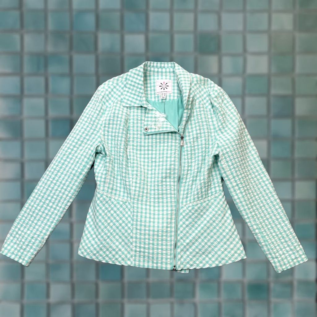 Isaac Mizrahi Isaac Mizrahi Jacket Womens 12 Blue Teal Aqua Coat Zip Stretch Asymmetrical Motorcycle Checked Casual City Womens World Size XL / US 12-14 / IT 48-50 - 1 Thumbnail