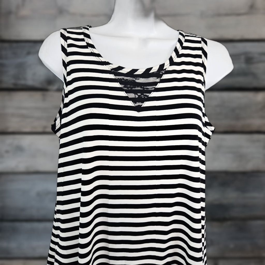 Vintage LOGO Layers Lori Goldstein Tank Top Womens M Black White Stripe Rayon Spandex Sleeveless Shirt/Top 90s? (no) Size M / US 6-8 / IT 42-44 - 1 Thumbnail