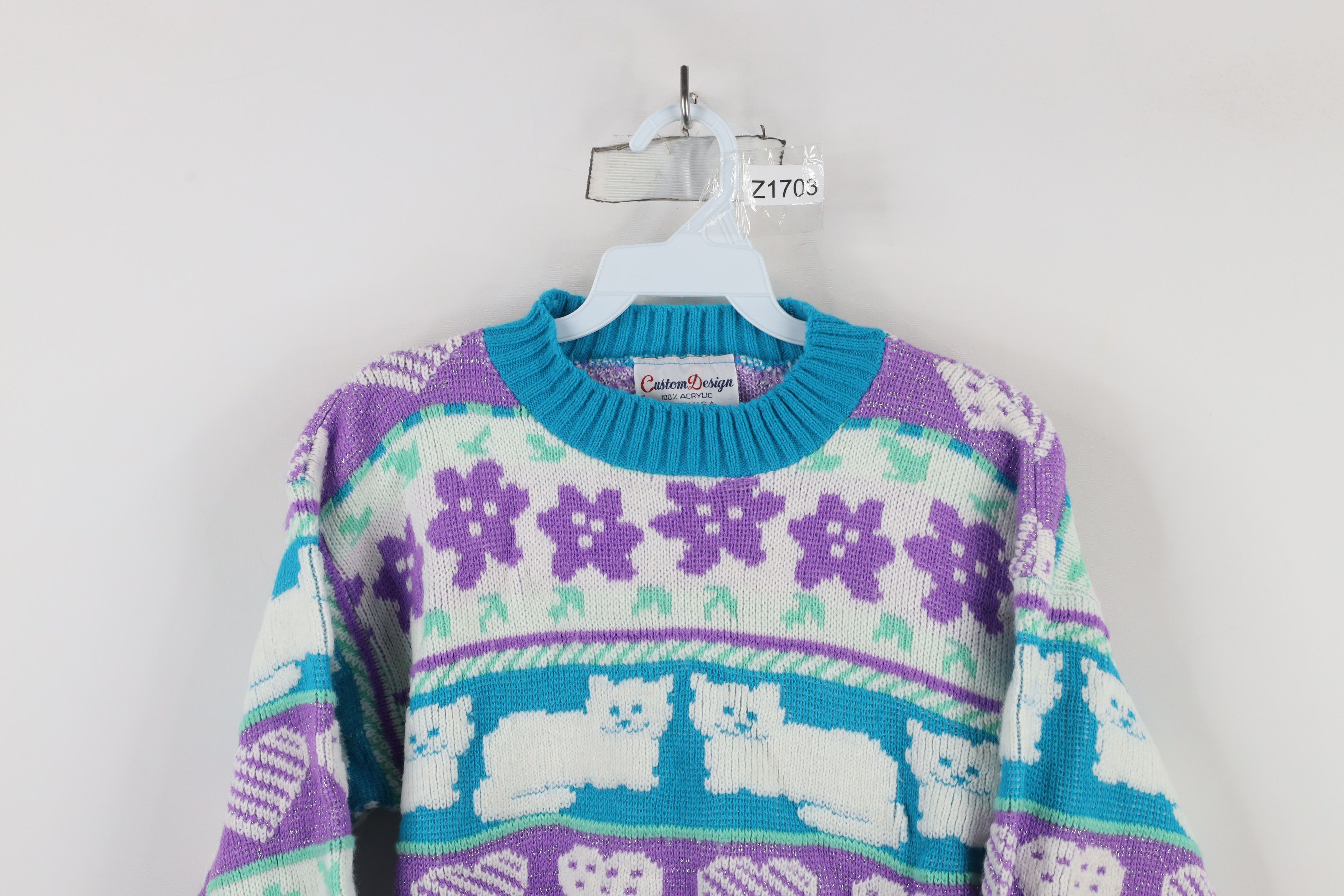 Vintage Vintage 80s 90s Kawaii Heart Cat Flower Knit Sweater USA Size XS / US 0-2 / IT 36-38 - 2 Thumbnail