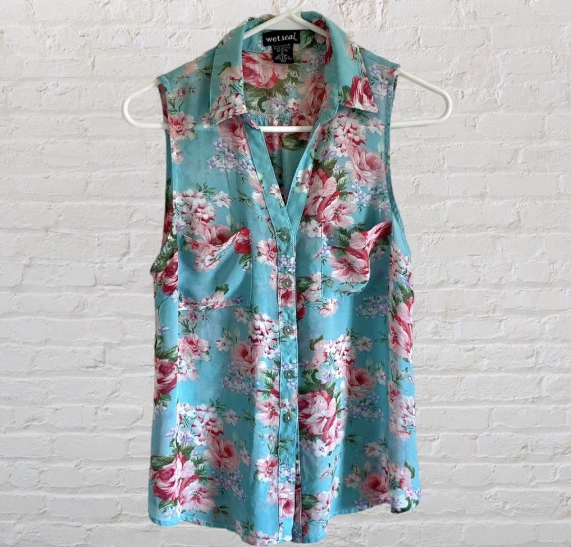 Other WET SEAL FLORAL SLEEVELESS BUTTON UP BLOUSE TANK TOP Size L / US 10 / IT 46 - 5 Thumbnail