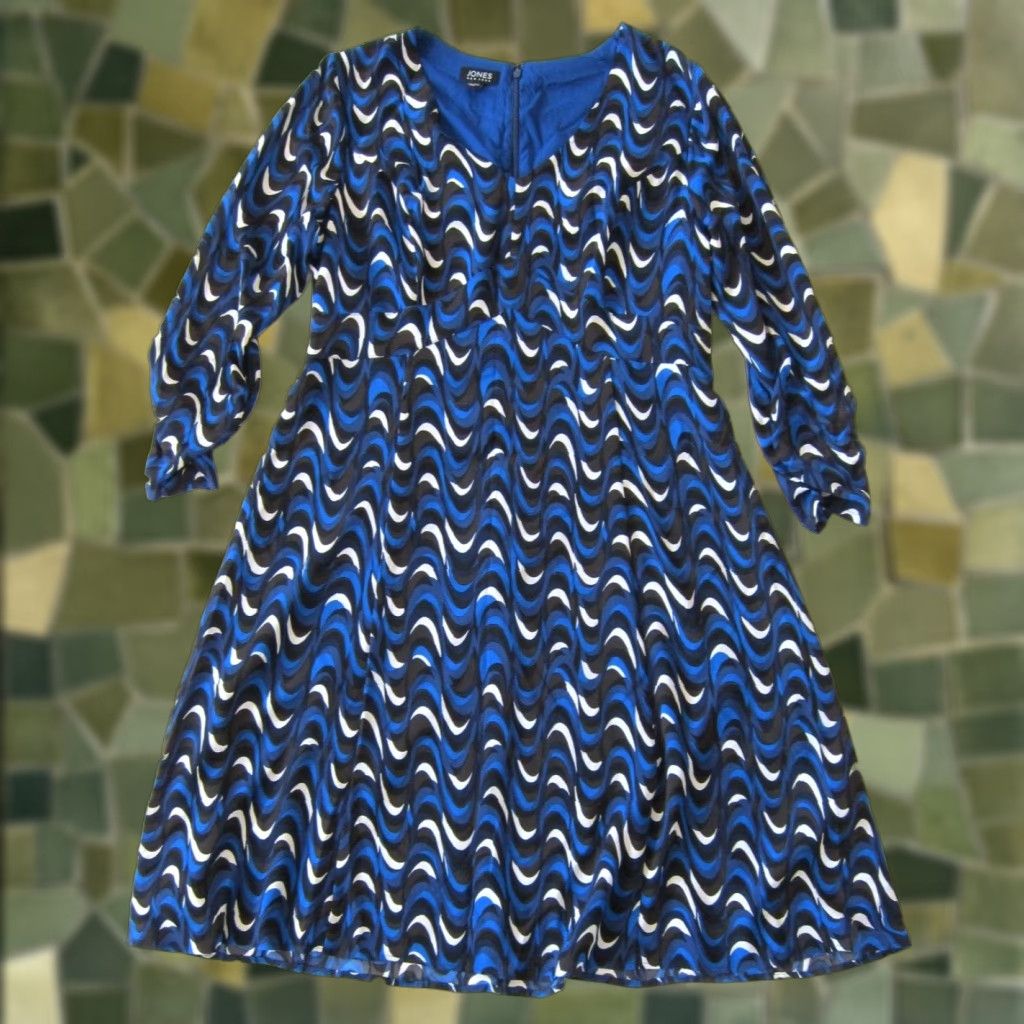 Jones New York Jones New York Blue Black White Geometric Long Sleeve V-Neck Sheath Dress 12 Size XL / US 12-14 / IT 48-50 - 1 Thumbnail