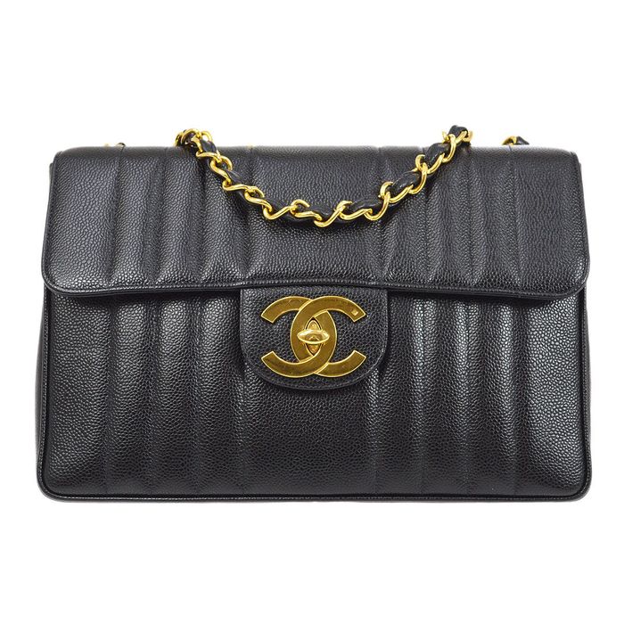 Chanel CHANEL★ * 1994-1996 Black Caviar Vertical Classic Flap Jumbo ...