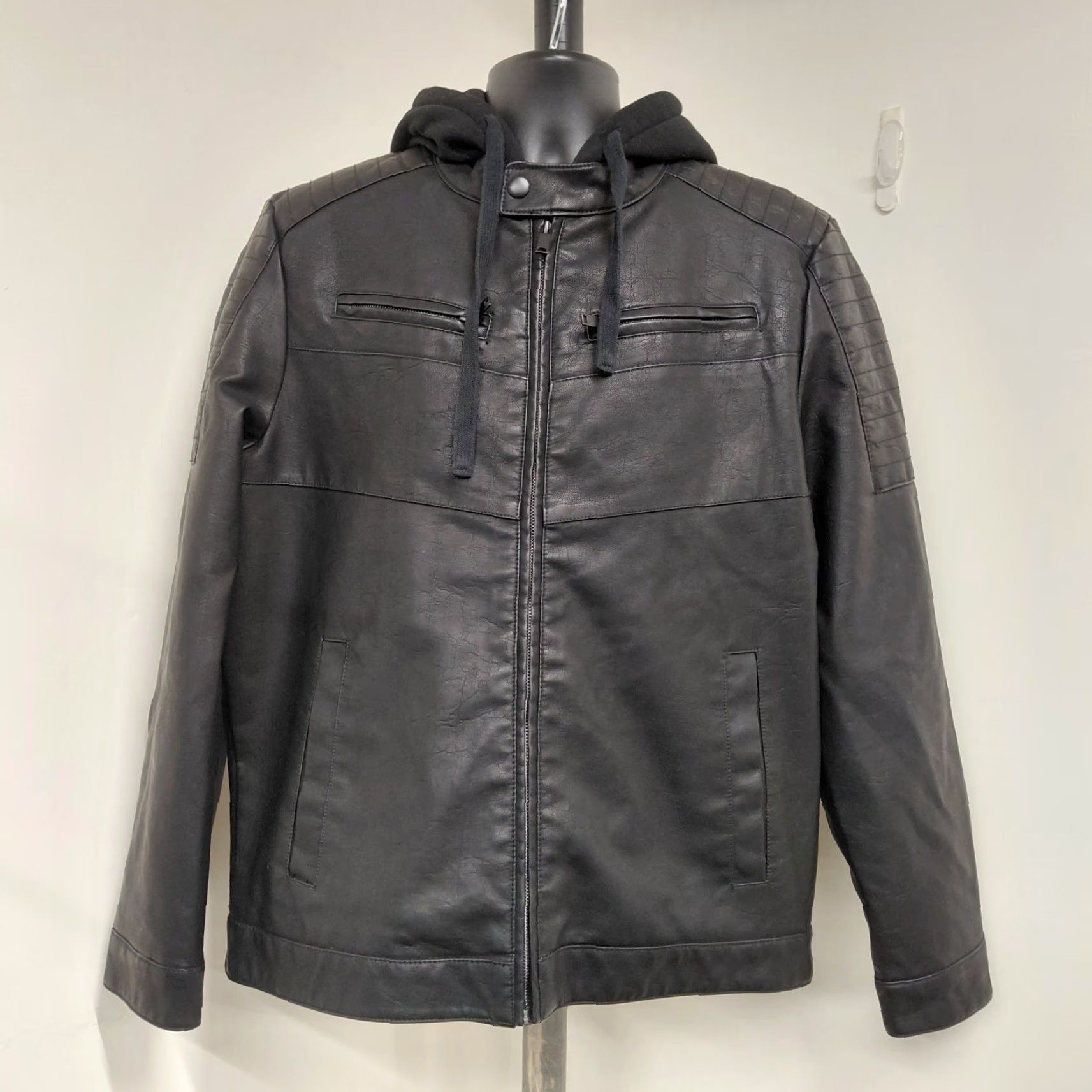 Apt. 9 Apt. 9 Men's Jacket Black Faux Leather Hooded Coat Pockets Zipper Short | Size L | Regular Fit | Motorcycle Style Size US L / EU 52-54 / 3 - 2 Thumbnail