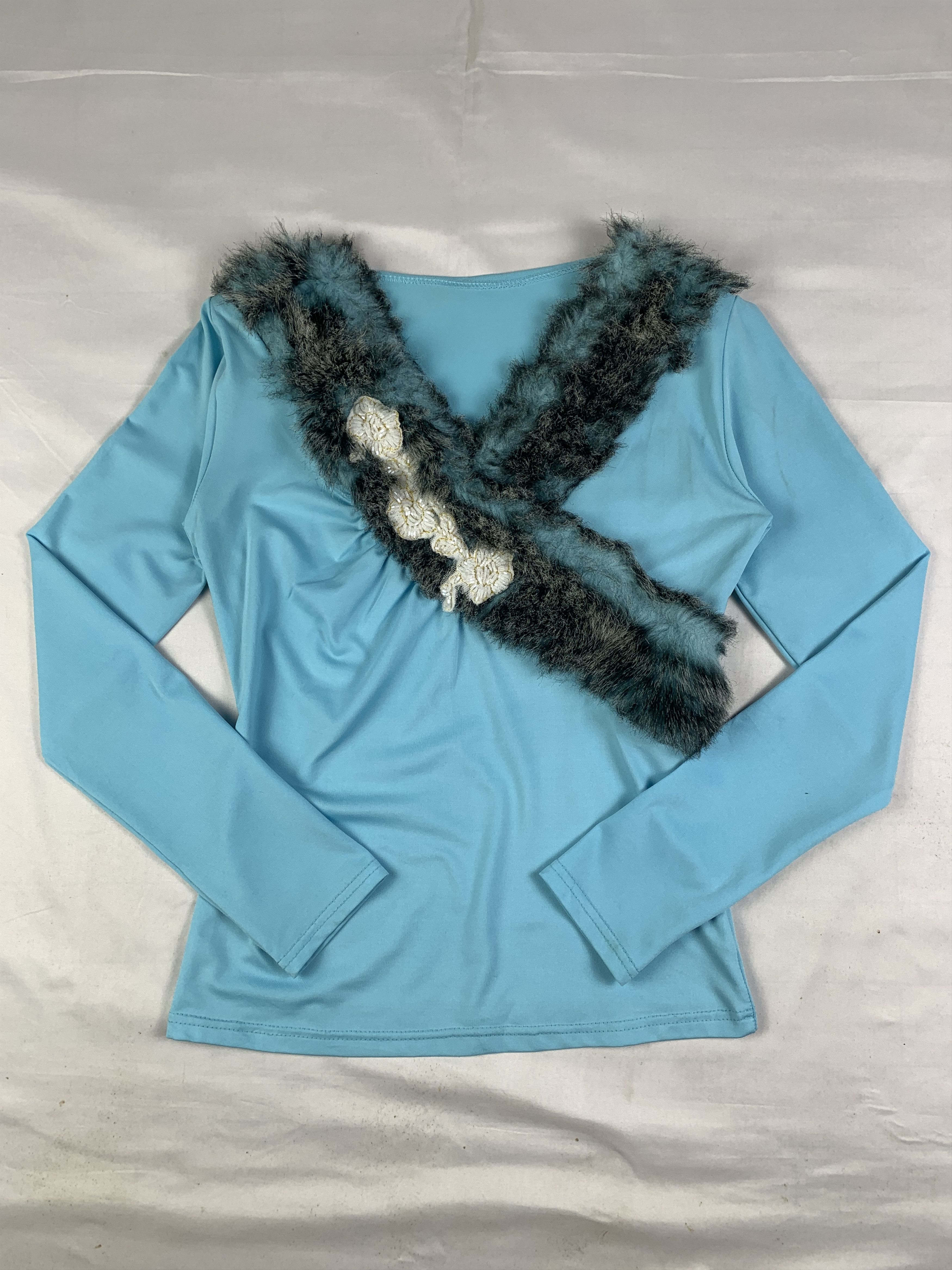 Japanese Brand Baby Blue Faux Fur Asymmetrical Elastane Top (S to M) Size S / US 4 / IT 40 - 1 Thumbnail