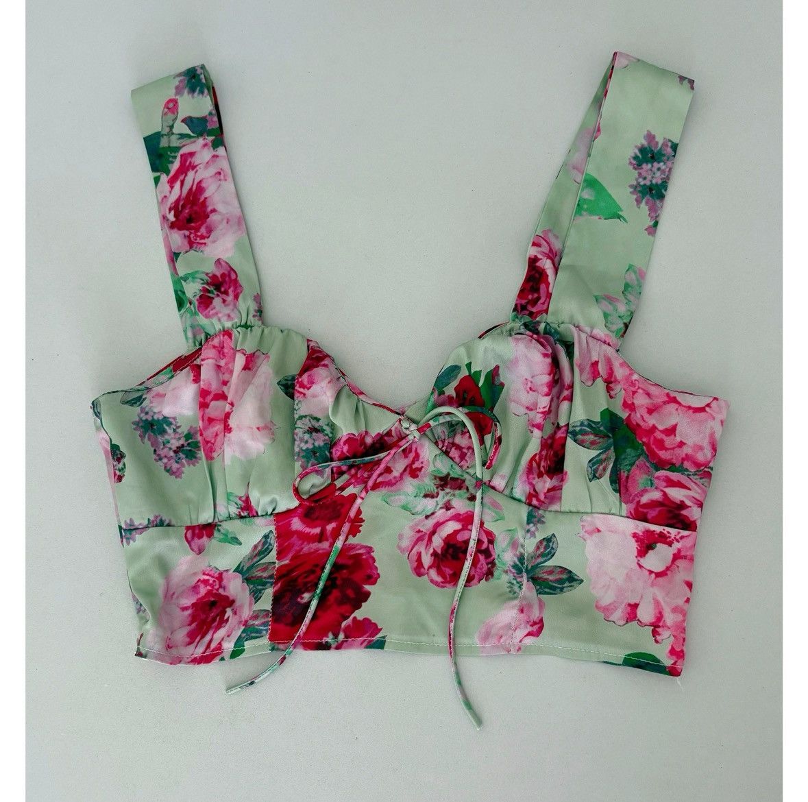 Japanese Brand Green Pink Floral Satin Tank Crop Top Shirt Cami Blouse XS🌸✨ Size XS / US 0-2 / IT 36-38 - 1 Thumbnail