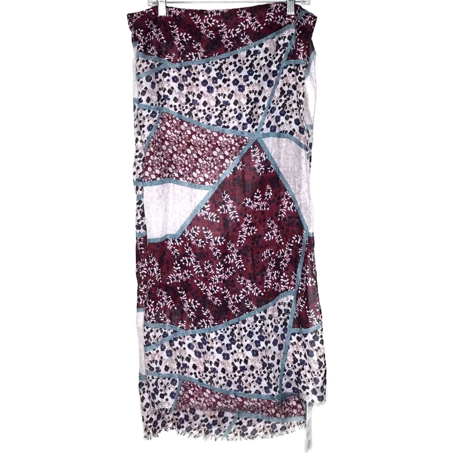 Vintage Lulla Collection by Bindya Scarf Wrap Multi Wear Women's Burgundy Floral Boho Rectangle Scarf Silk Polyester Fringe 70x32 Adult Womens Size ONE SIZE - 4 Thumbnail