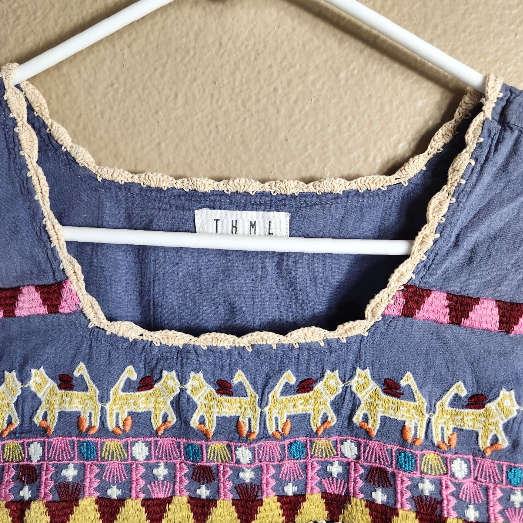 Vintage THML Blouse S Navy Embroidered/Crochet Flutter Sleeve Shirt Women Small Blue Bohemian Womens Shirt Size S / US 4 / IT 40 - 2 Thumbnail