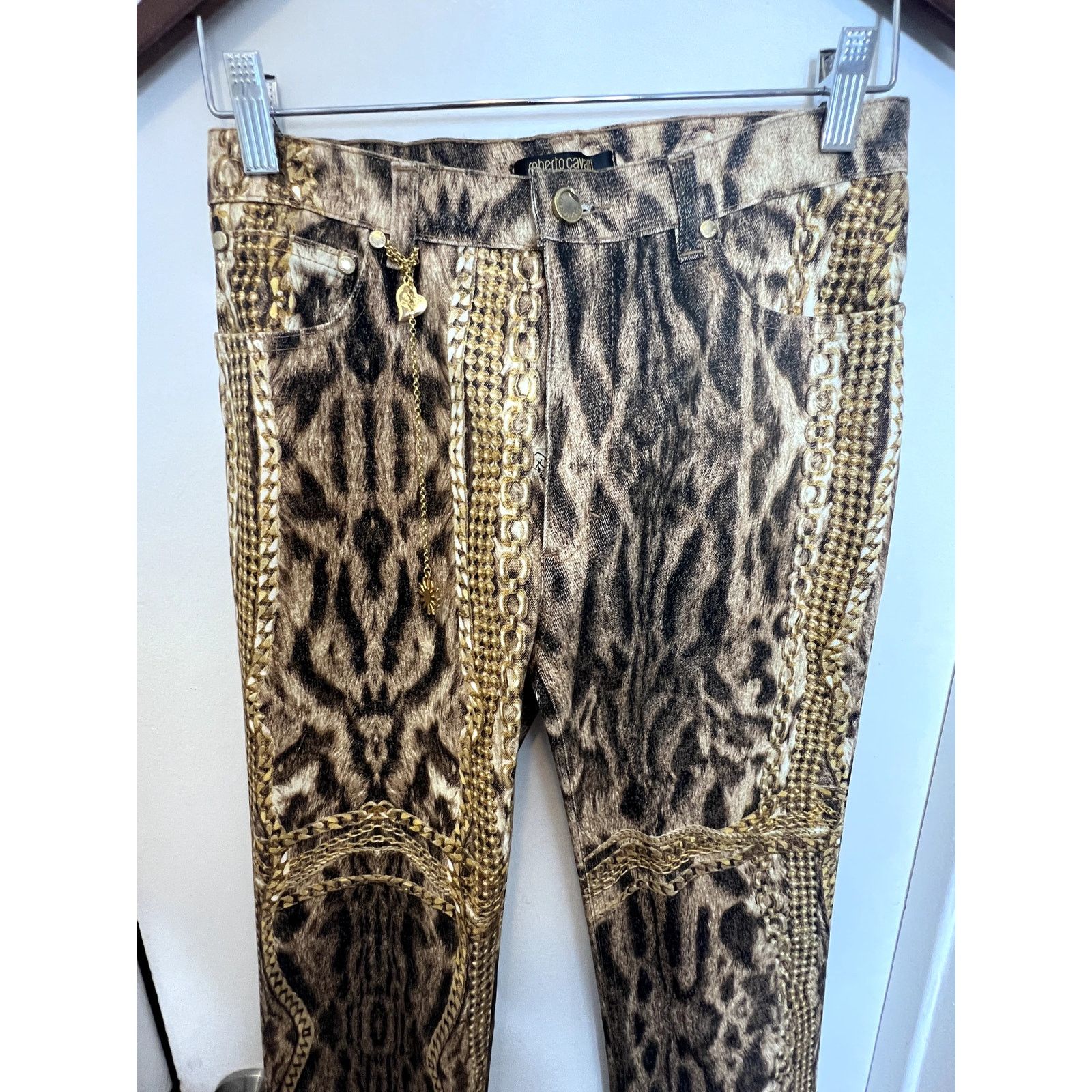 Roberto Cavalli animal chain print denim pants Sz XS y2k