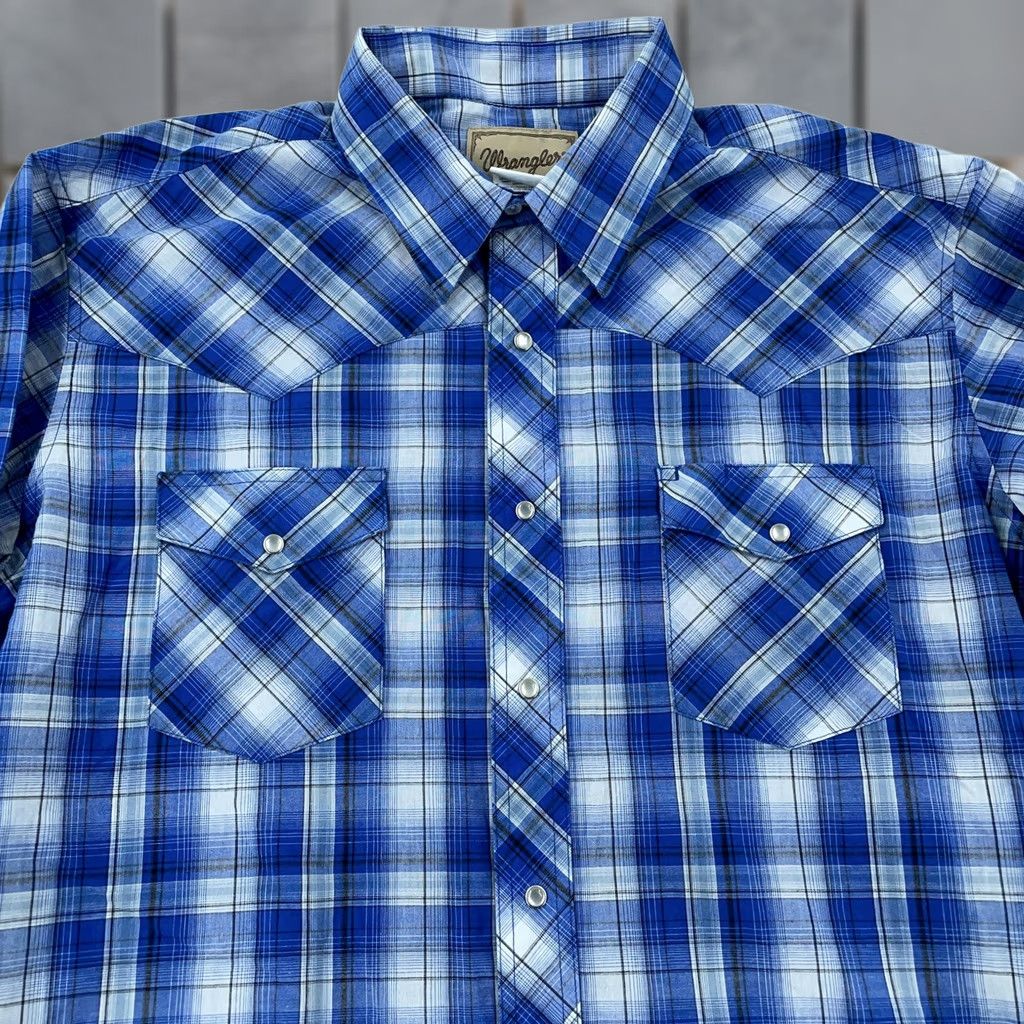 Wrangler Wrangler Western Shirt Mens XL Blue Plaid Cowboy Rodeo Long Sleeve Pearl Snap Size US XL / EU 56 / 4 - 1 Thumbnail