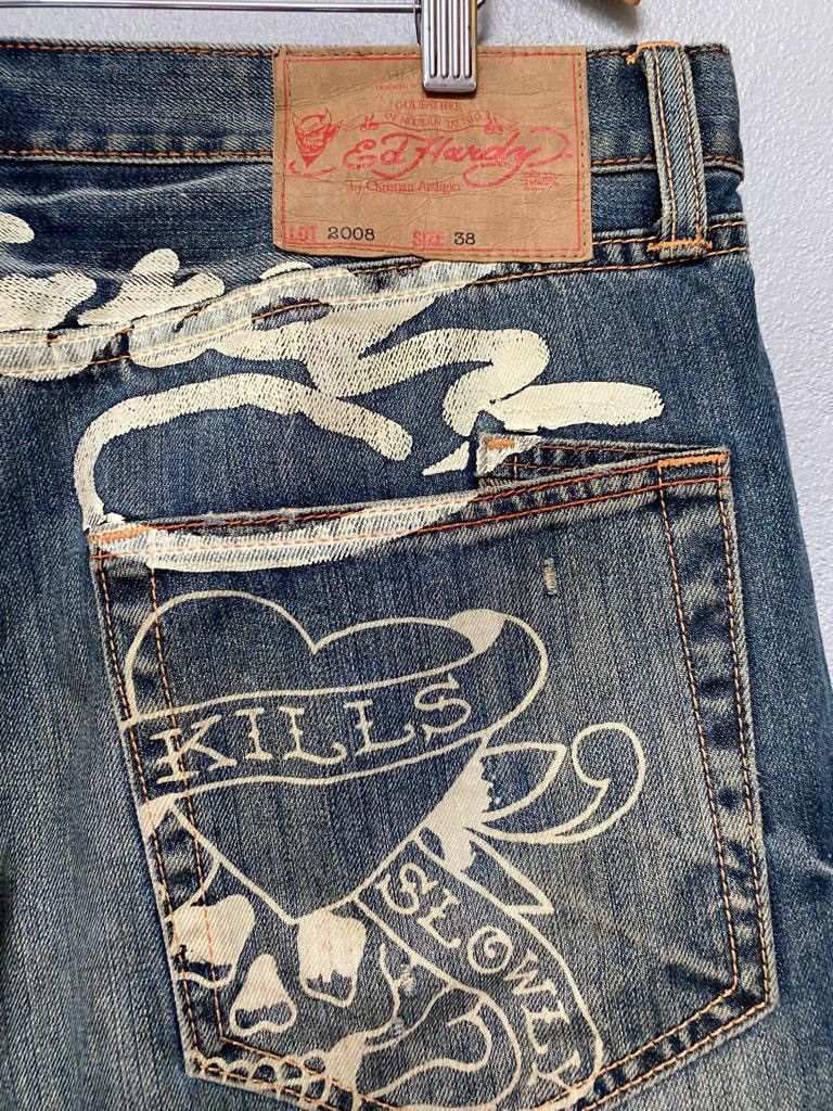Christian Audigier × Ed Hardy × If Six Was Nine Ed Hardy baggy jeans big logo paint Size US 37 - 9 Thumbnail