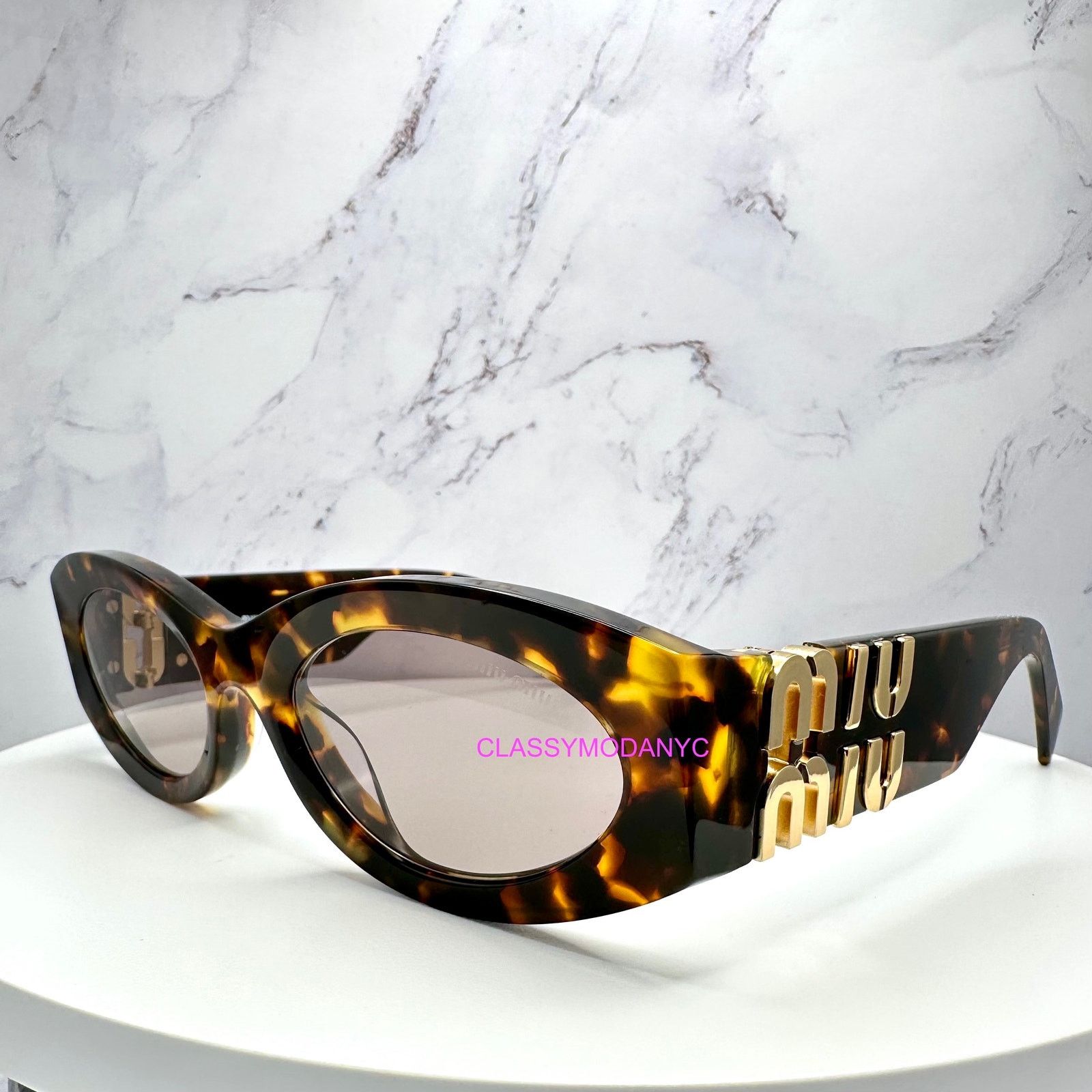 Miu Miu New MIU MIU Sunglasses Brown Tortoise Shell Oval Gold Logo Size ONE SIZE - 6 Thumbnail
