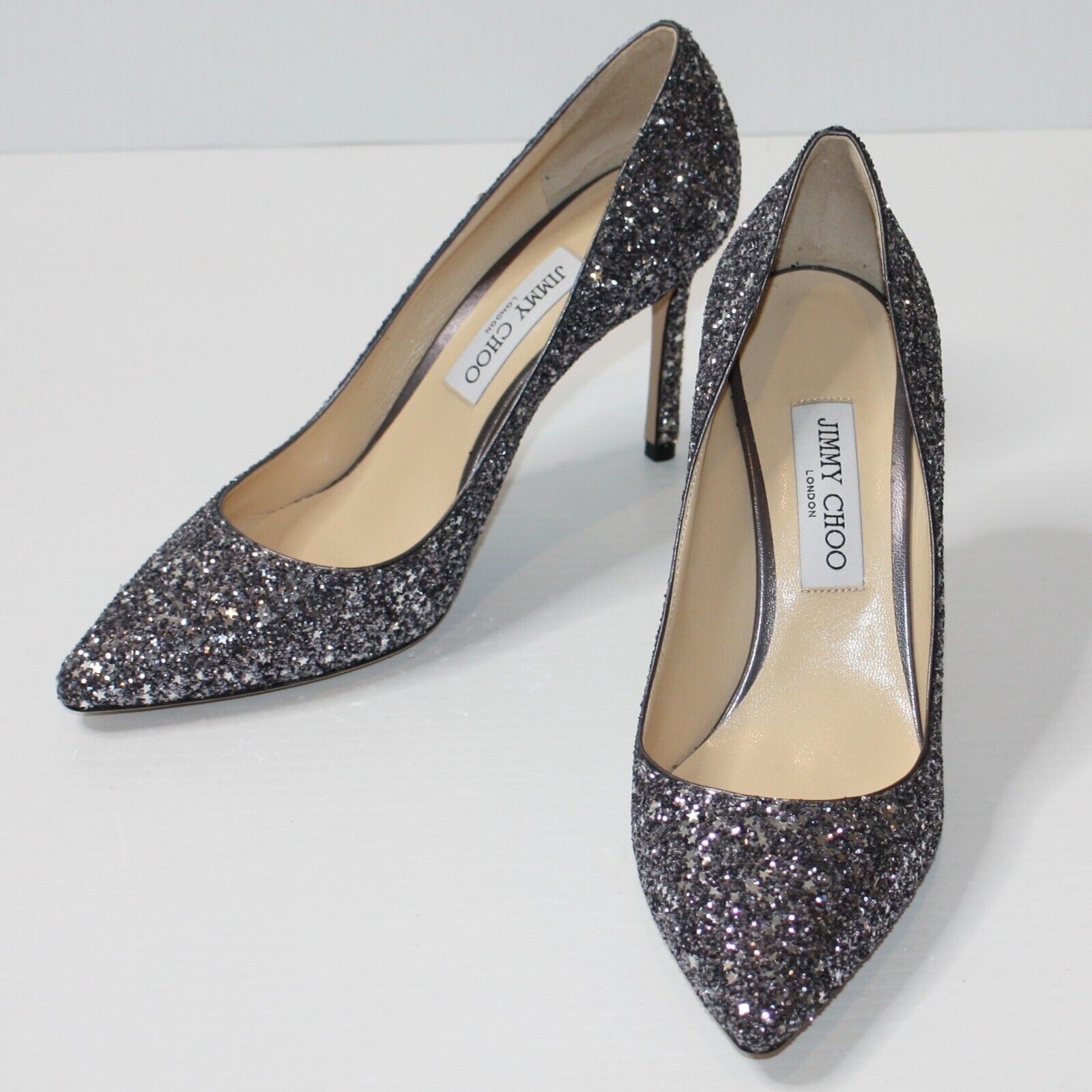 Jimmy Choo Romy 85 Gunmetal Star Coarse Glitter Pointy Toe Pump NEW Size US 10.5 / IT 40.5 - 2 Thumbnail