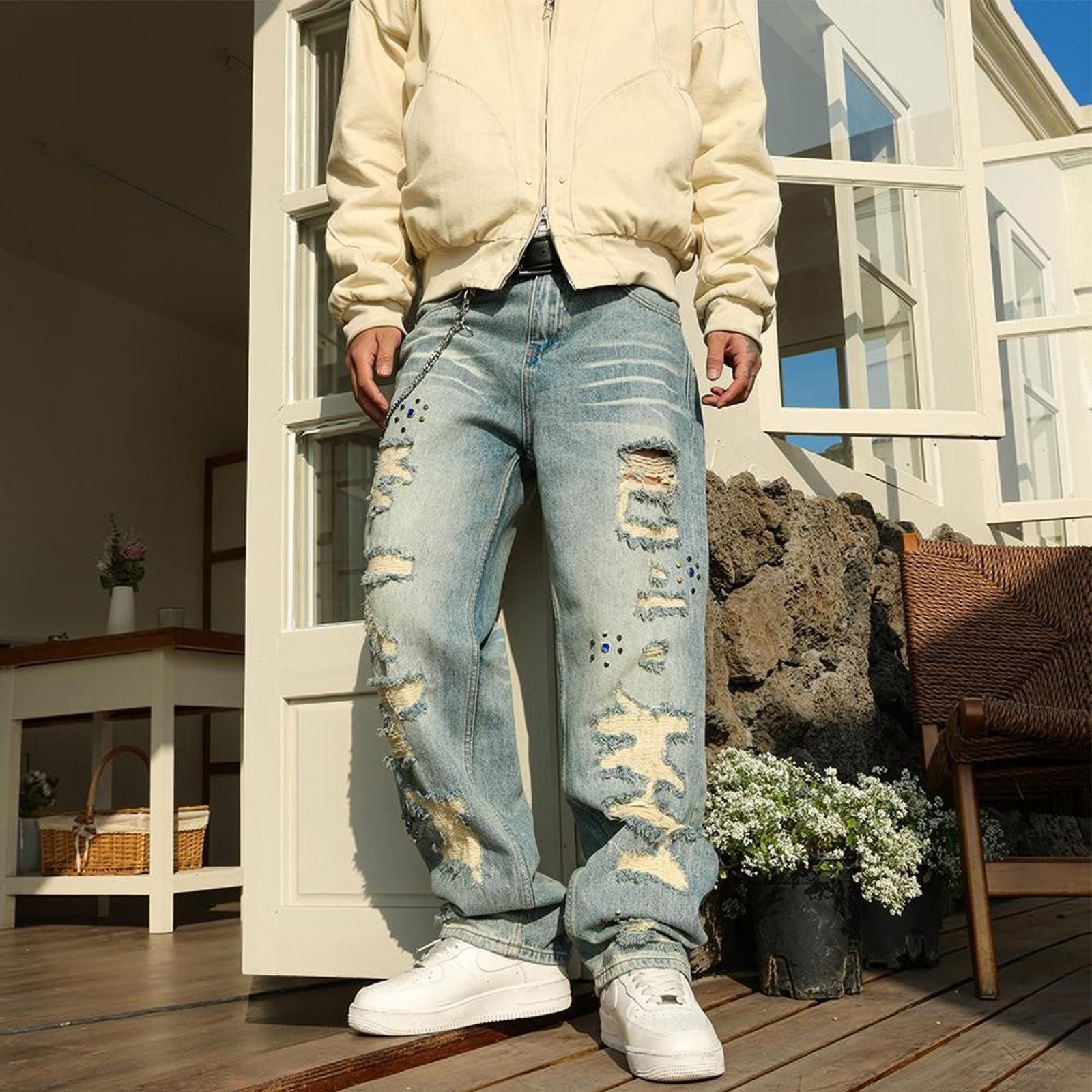 Jean × Vintage Retro Street Jeans – Ripped, Patched, Loose Leg Fit Size US 34 / EU 50 - 2 Thumbnail