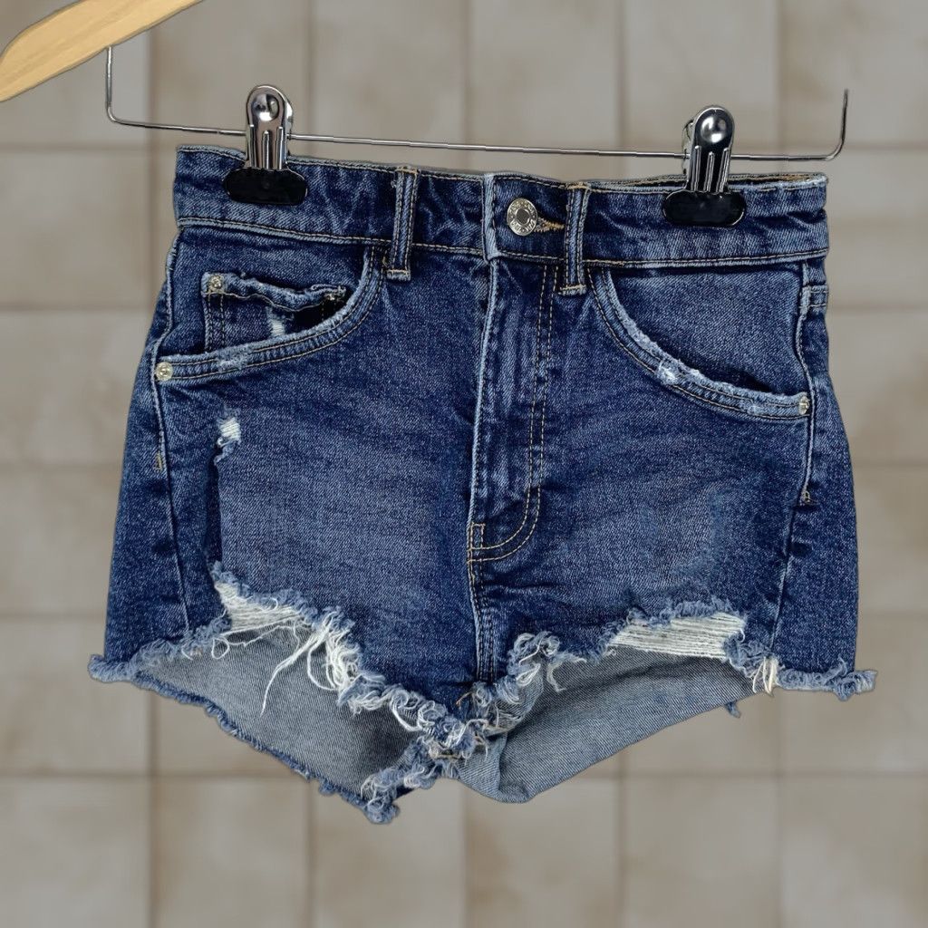 Zara Zara High Rise Denim Shorts Women Size 0 Indigo Raw Hem Summer Festival Boho Stretch Waist Size 25" / US 0 / IT 36 - 1 Thumbnail