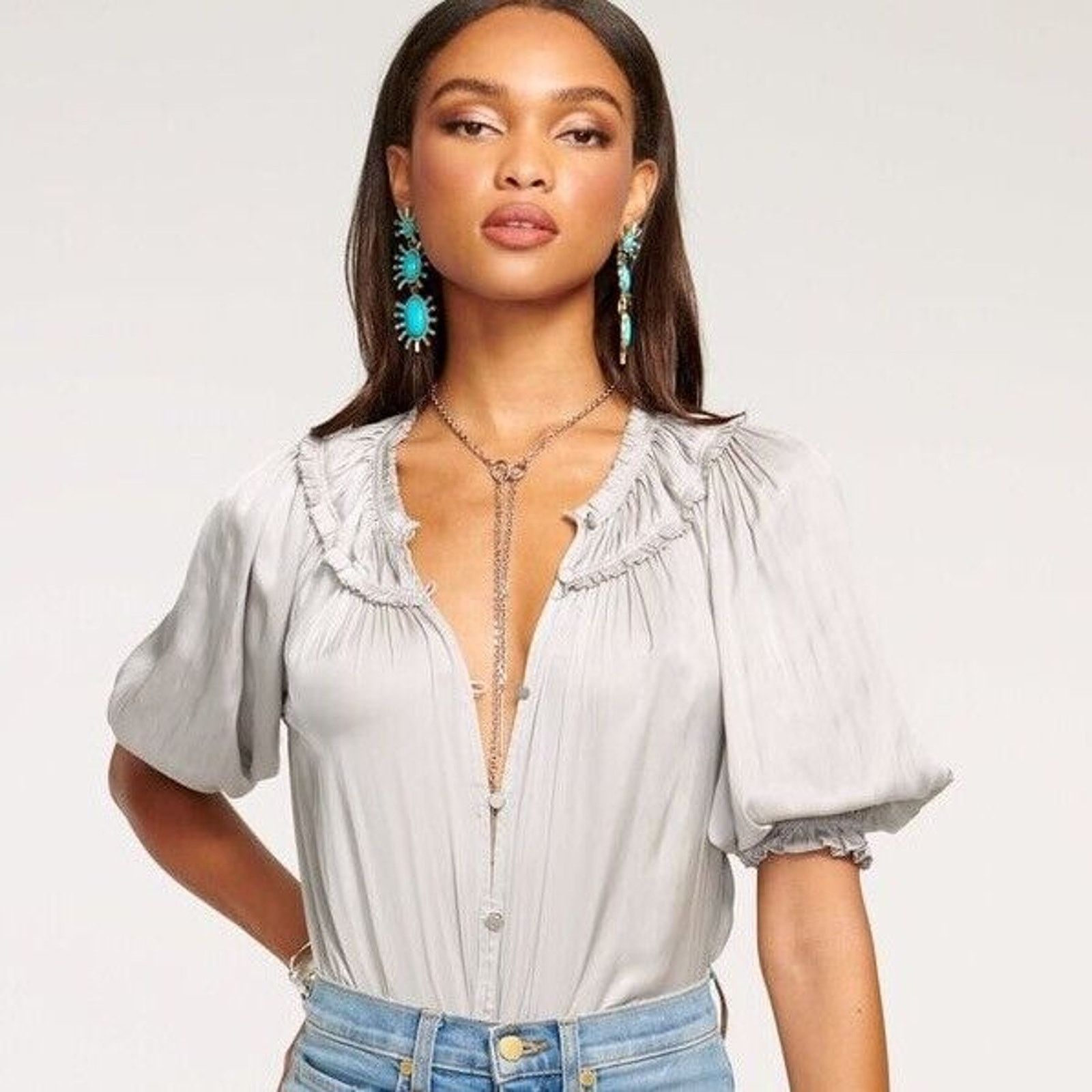Ramy Brook RAMY BROOK VERSATILE PUFF SLEEVES BLOUSE CRISTAL GREY SZ XS Size XS / US 0-2 / IT 36-38 - 4 Thumbnail