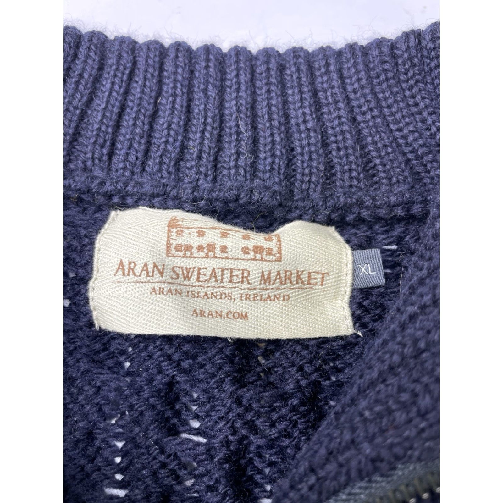 Market Aran Sweater Market Sweater Cardigan 1/4 Zip Navy XL Wool Cable Knit Mock Neck Men Size US XL / EU 56 / 4 - 4 Thumbnail