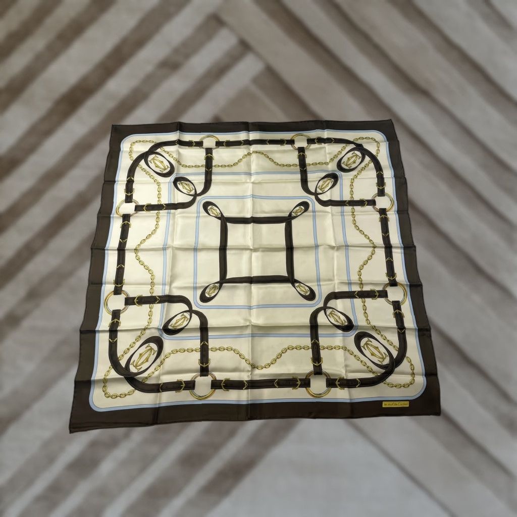 Cartier VINTAGE Cartier Silk Scarf Geometric Logo Embroidered Beige Square Scarf Multifunctional Neck Warmer Silk Chiffon 80s 90s Bohemian Retro City Cowboy Size ONE SIZE - 1 Thumbnail