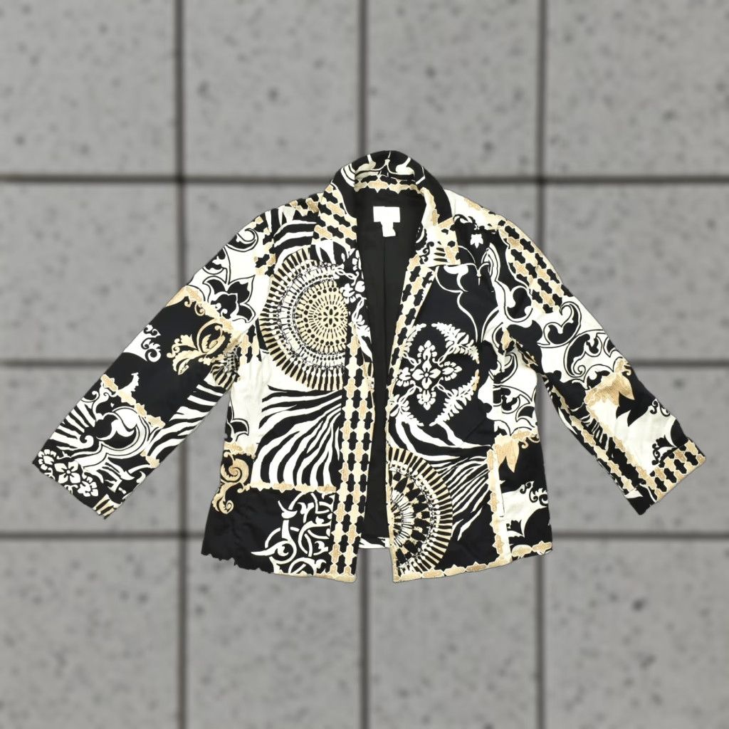 Vintage Chico's Blazer Shirt Women Small Black White Gold Scarf Print Stretch Cotton Blend Jacket Size XS / US 0-2 / IT 36-38 - 1 Thumbnail