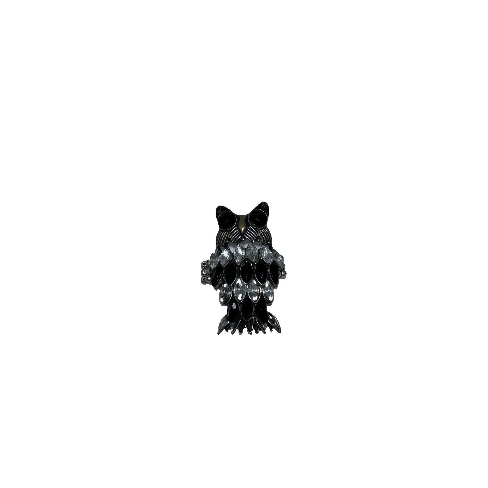 Other Vintage Gunmetal Owl Black Clear Rhinestones Stretch Ring Size ONE SIZE - 3 Thumbnail