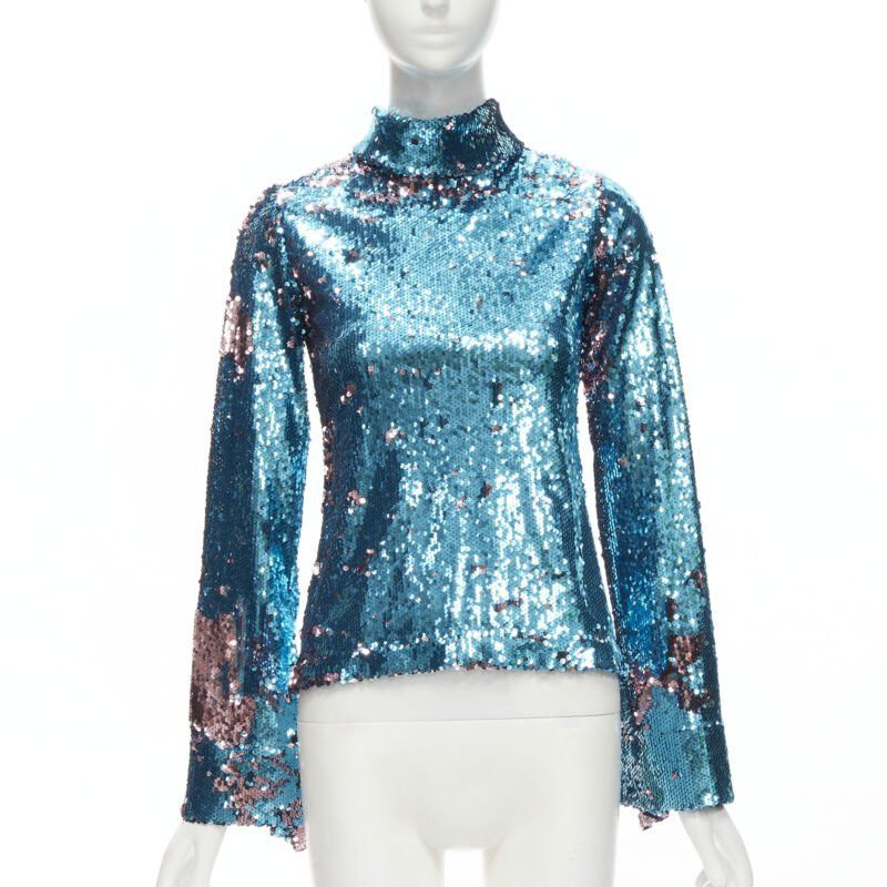 Halpern HALPERN blue purple double faced sequins turtleneck flared sleeve top FR34 XS Size XS / US 0-2 / IT 36-38 - 1 Thumbnail