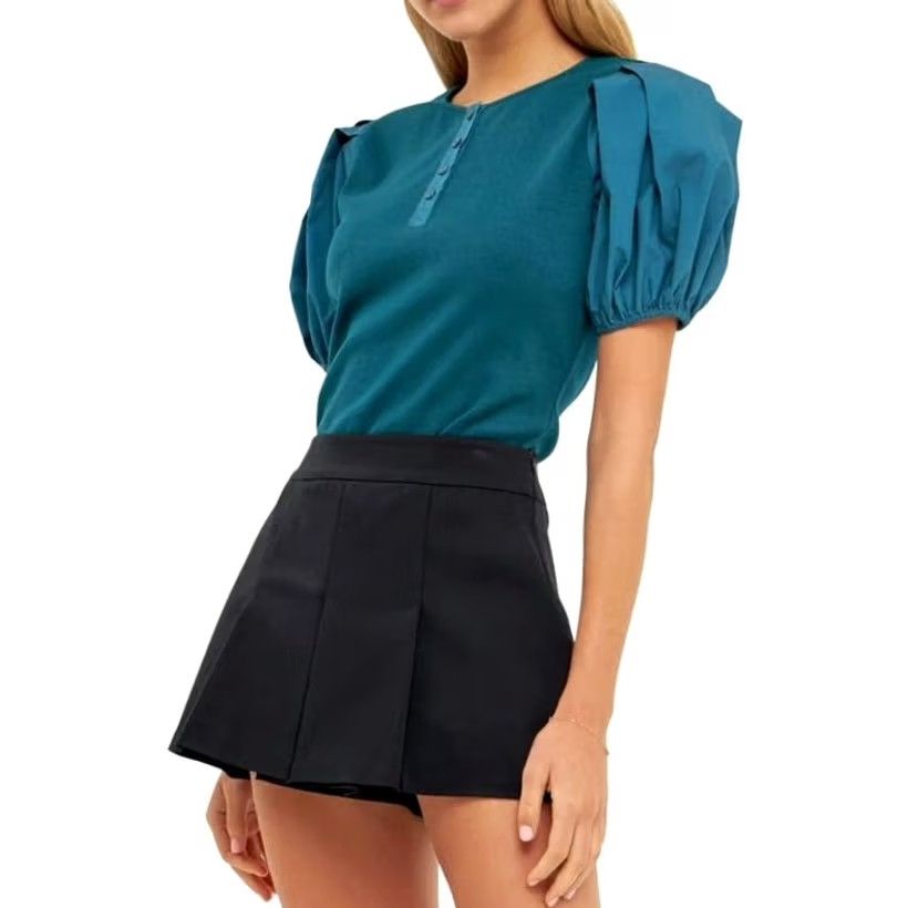 English Factory VINTAGE English Factory Blouse Shirt Womens Puff Sleeve Henley Teal Blue Knit Size S Size S / US 4 / IT 40 - 2 Thumbnail