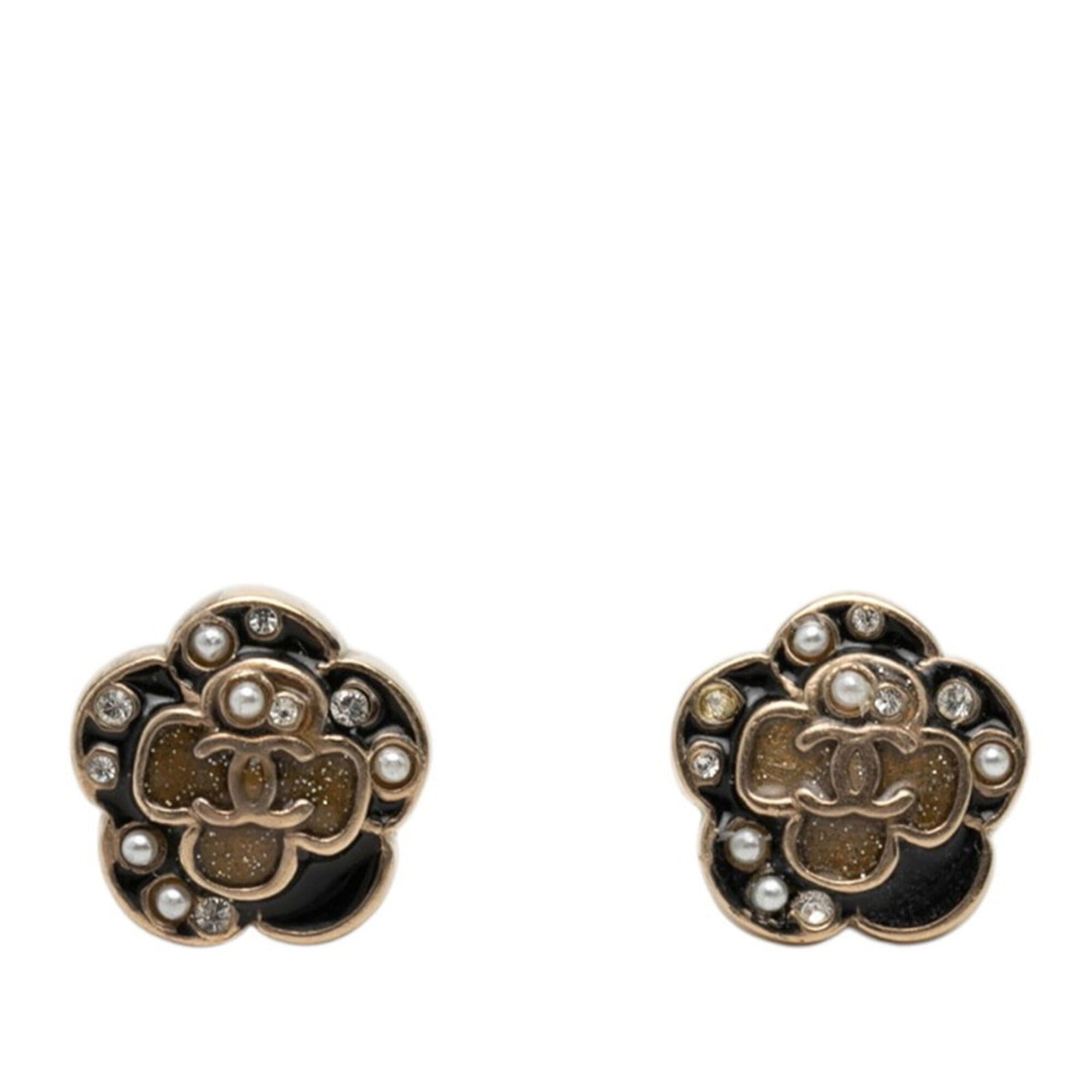 Chanel Chanel Camellia Coco Mark Pearl Earrings Gold Black Plated Rhinestone Women's CHANEL Size ONE SIZE - 1 Thumbnail