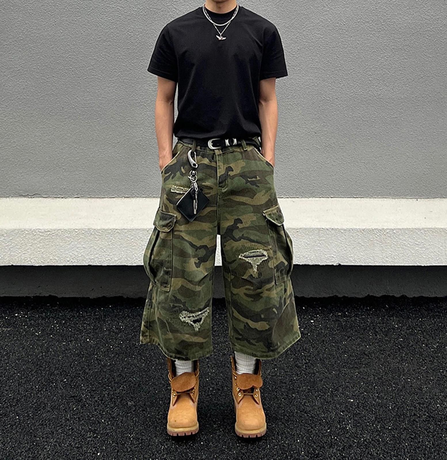 Camo Distressed Cargo Jorts, Baggy Ripped Shorts