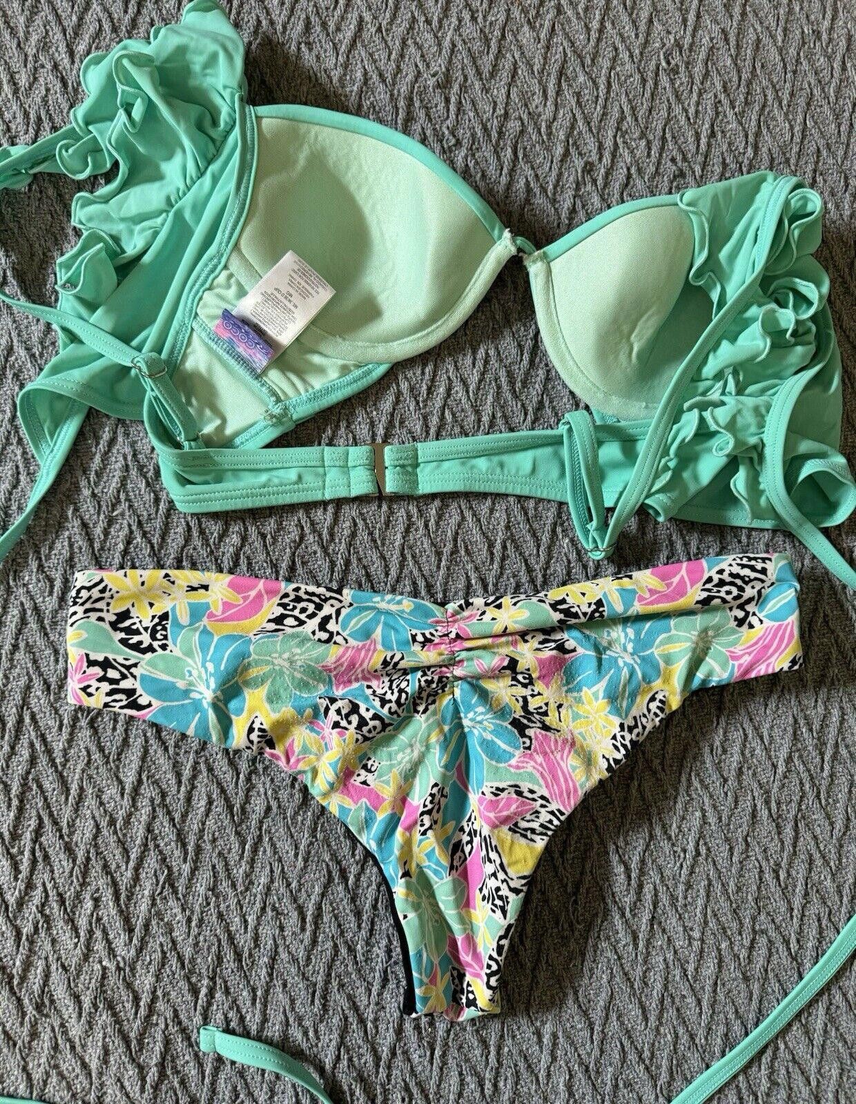Designer Coco Rave Bikini Swimsuit Women’s Medium/Large Teal Floral Size ONE SIZE - 2 Thumbnail