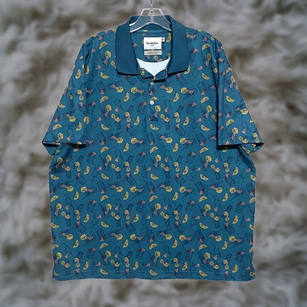 Vintage Goodfellow & Co Polo Shirt Mens XXL Cocktail Drinks Tropical Fruit All Over Print AOP Geometric Short Sleeve Surf Golf Resort Size US XXL / EU 58 / 5 - 1 Thumbnail