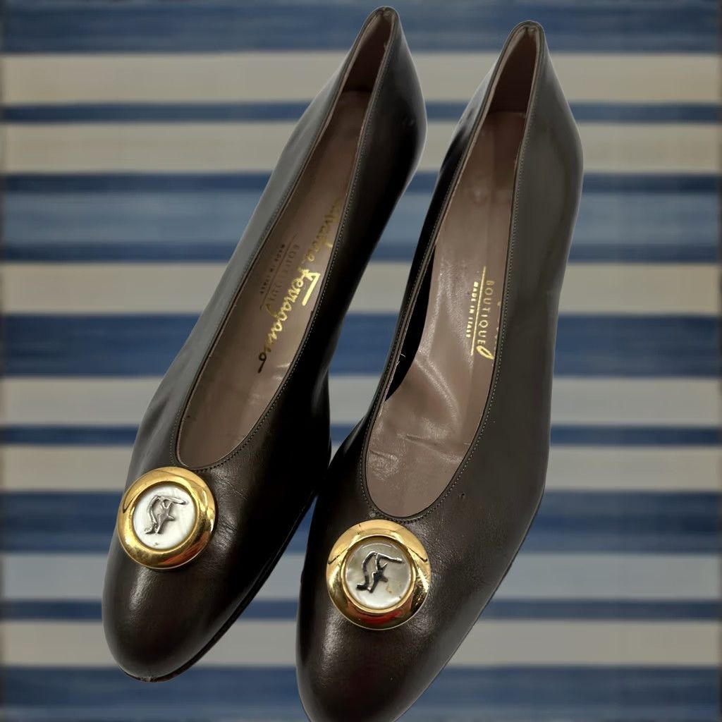 Salvatore Ferragamo VINTAGE Salvatore Ferragamo Leather Heels Women's 7.5 Dark Brown Gancini Buckle Pump AAAA Leather Slip On Pointed Toe Black? Size US 8 / IT 38 - 1 Thumbnail
