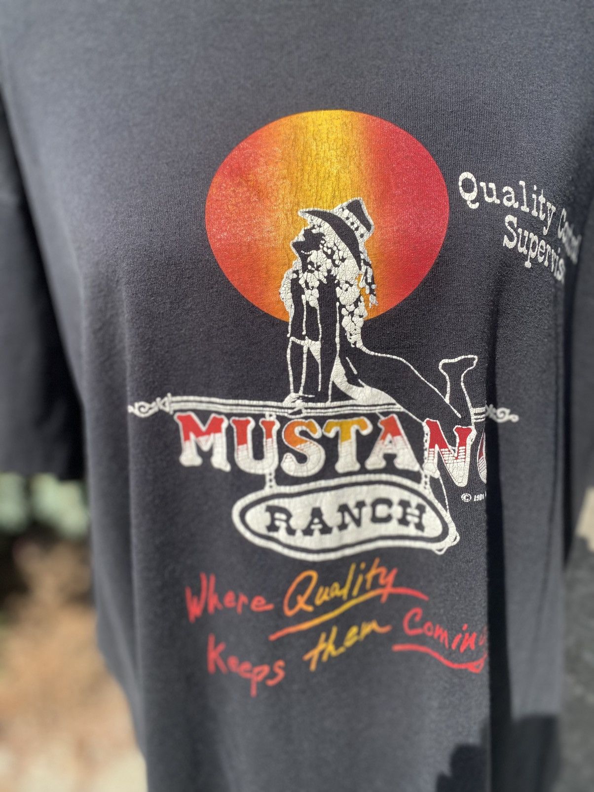Fruit Of The Loom Vintage 1984 Mustang Ranch Sunset Cowgirl Blk Tshirt XXL Size US XXL / EU 58 / 5 - 2 Thumbnail