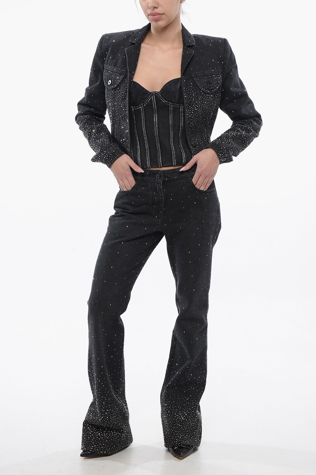 Off-White og1mm1125 Cropped Fit Bling Denim Jacket in Black Size L / US 10 / IT 46 - 4 Thumbnail
